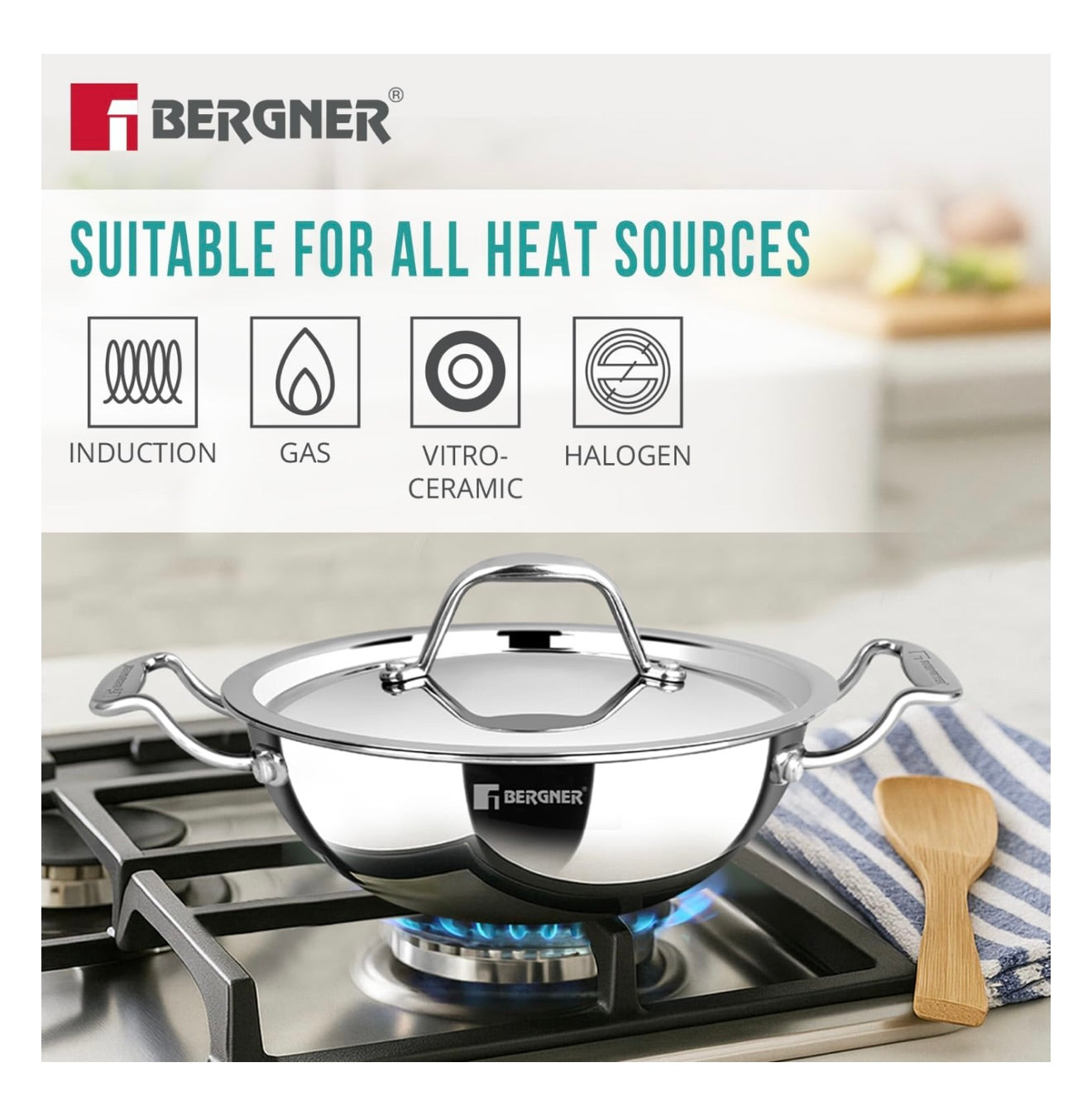 BERGNER Argent TriPly Stainless Steel 20cm Kadai with Stainless Steel Lid, 1.7 Liters Small Kadhai, Less Oil Use, Healthy Cooking, Food Safe, Stay Cool Cast Handles - Induction and Gas Stove Ready