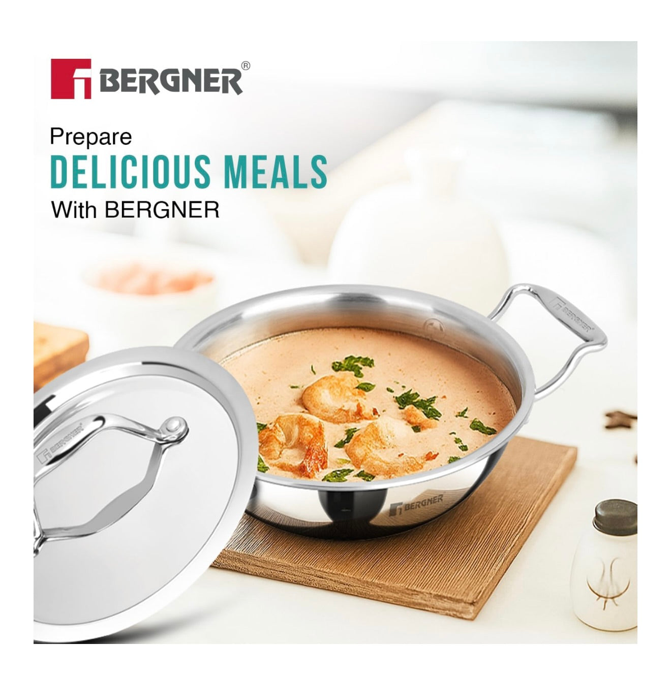 BERGNER Argent TriPly Stainless Steel 20cm Kadai with Stainless Steel Lid, 1.7 Liters Small Kadhai, Less Oil Use, Healthy Cooking, Food Safe, Stay Cool Cast Handles - Induction and Gas Stove Ready