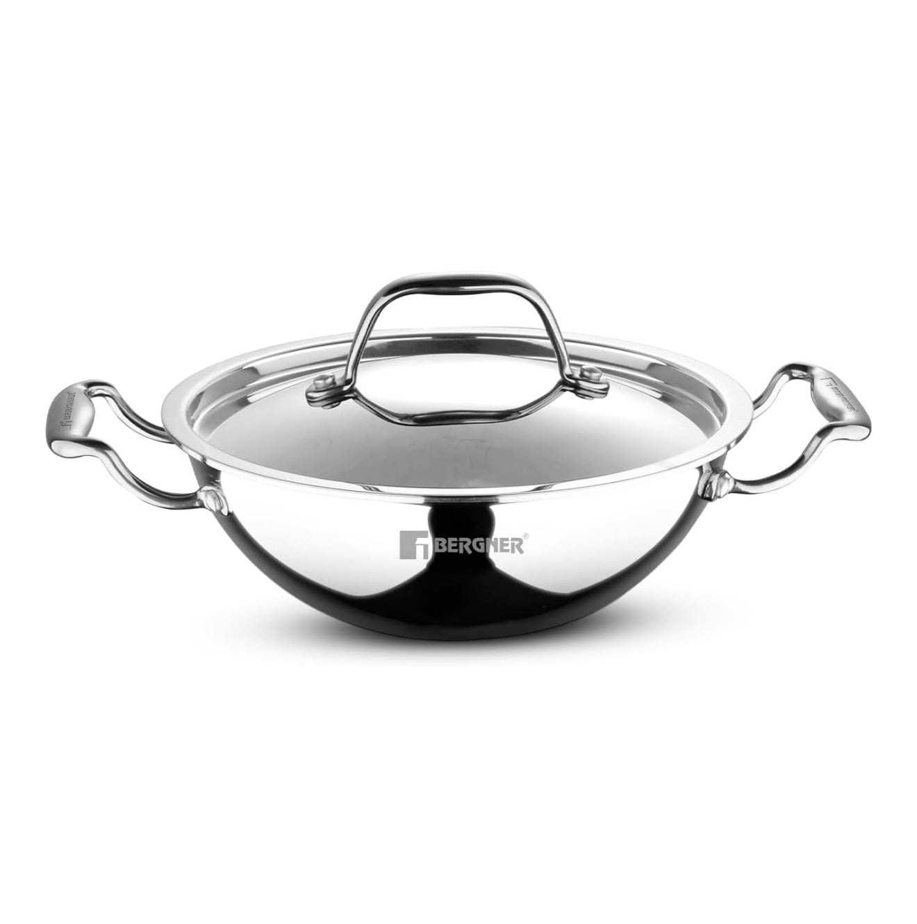 Bergner Argent TriPly Stainless Steel 22cm Kadai with Stainless Steel Lid,2.1 Liters Kadhai with Lid, Even Heating, Less Oil Use, Healthy Cooking, Stay Cool Cast Handles - Induction and Gas Stove Ready