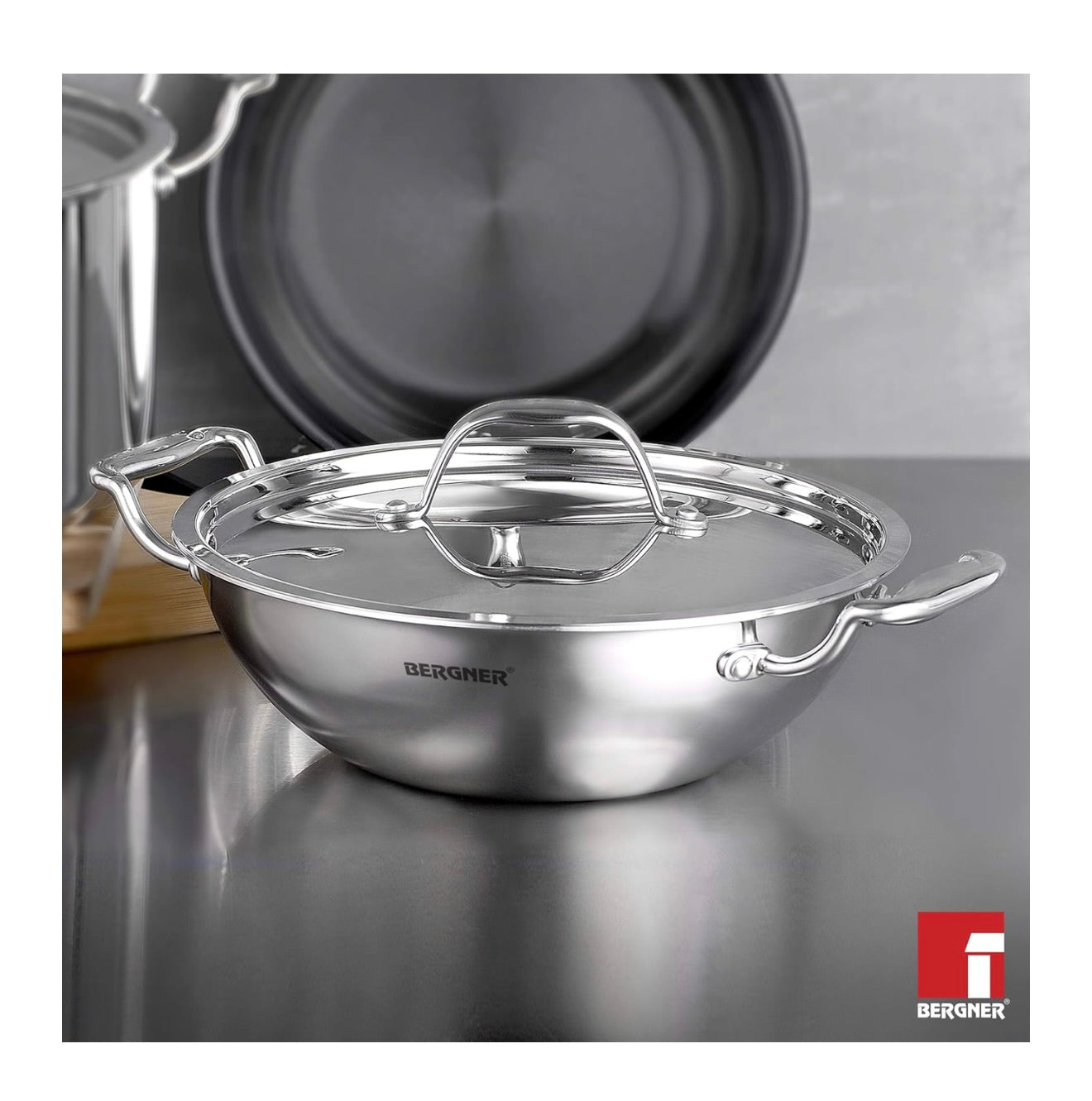 Bergner Argent TriPly Stainless Steel 22cm Kadai with Stainless Steel Lid,2.1 Liters Kadhai with Lid, Even Heating, Less Oil Use, Healthy Cooking, Stay Cool Cast Handles - Induction and Gas Stove Ready