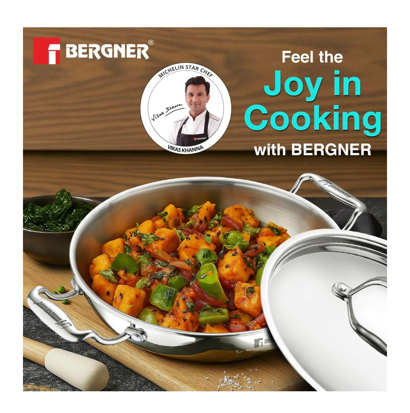 Bergner Argent TriPly Stainless Steel 22cm Kadai with Stainless Steel Lid,2.1 Liters Kadhai with Lid, Even Heating, Less Oil Use, Healthy Cooking, Stay Cool Cast Handles - Induction and Gas Stove Ready