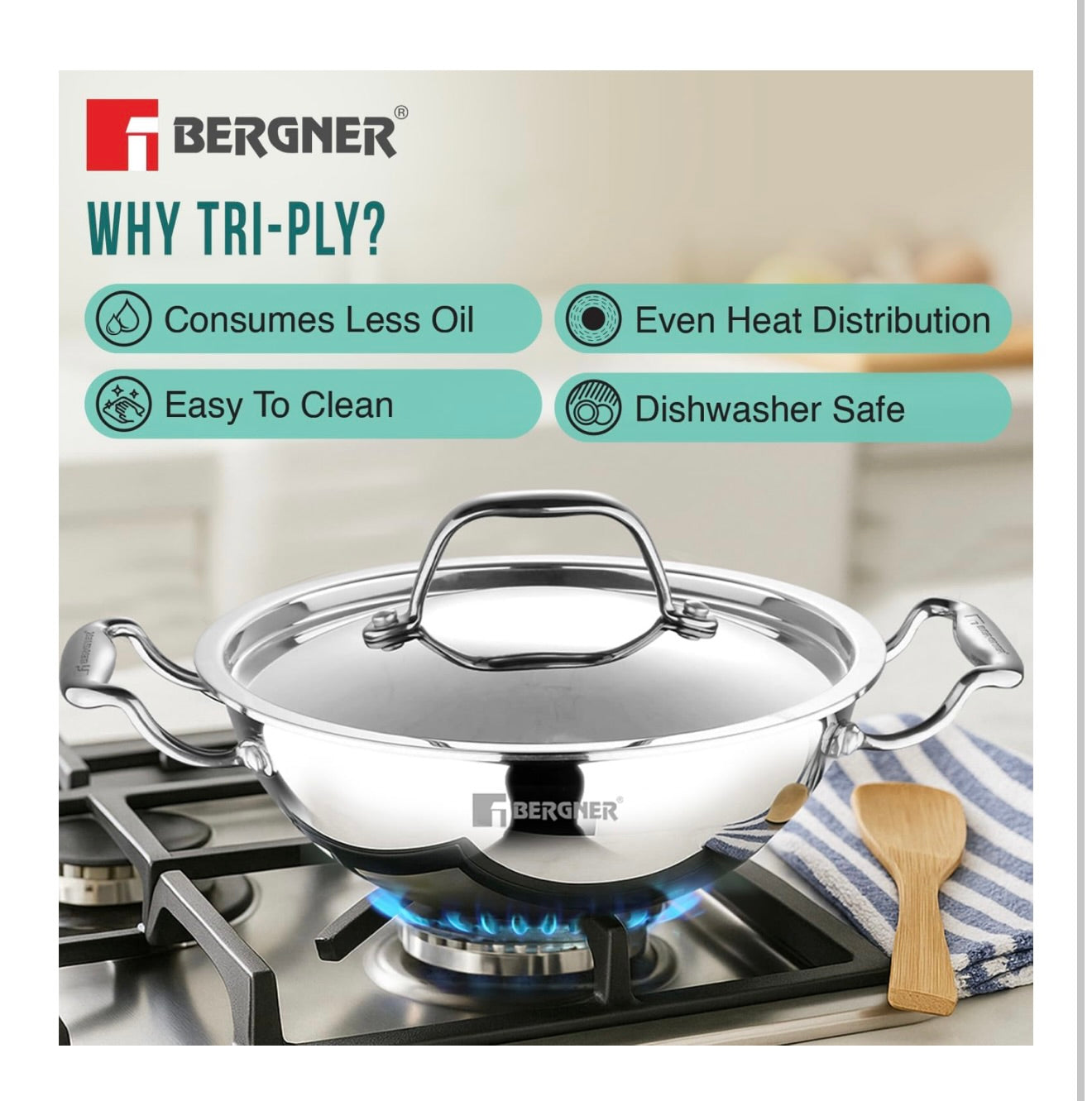 Bergner Argent TriPly Stainless Steel 22cm Kadai with Stainless Steel Lid,2.1 Liters Kadhai with Lid, Even Heating, Less Oil Use, Healthy Cooking, Stay Cool Cast Handles - Induction and Gas Stove Ready
