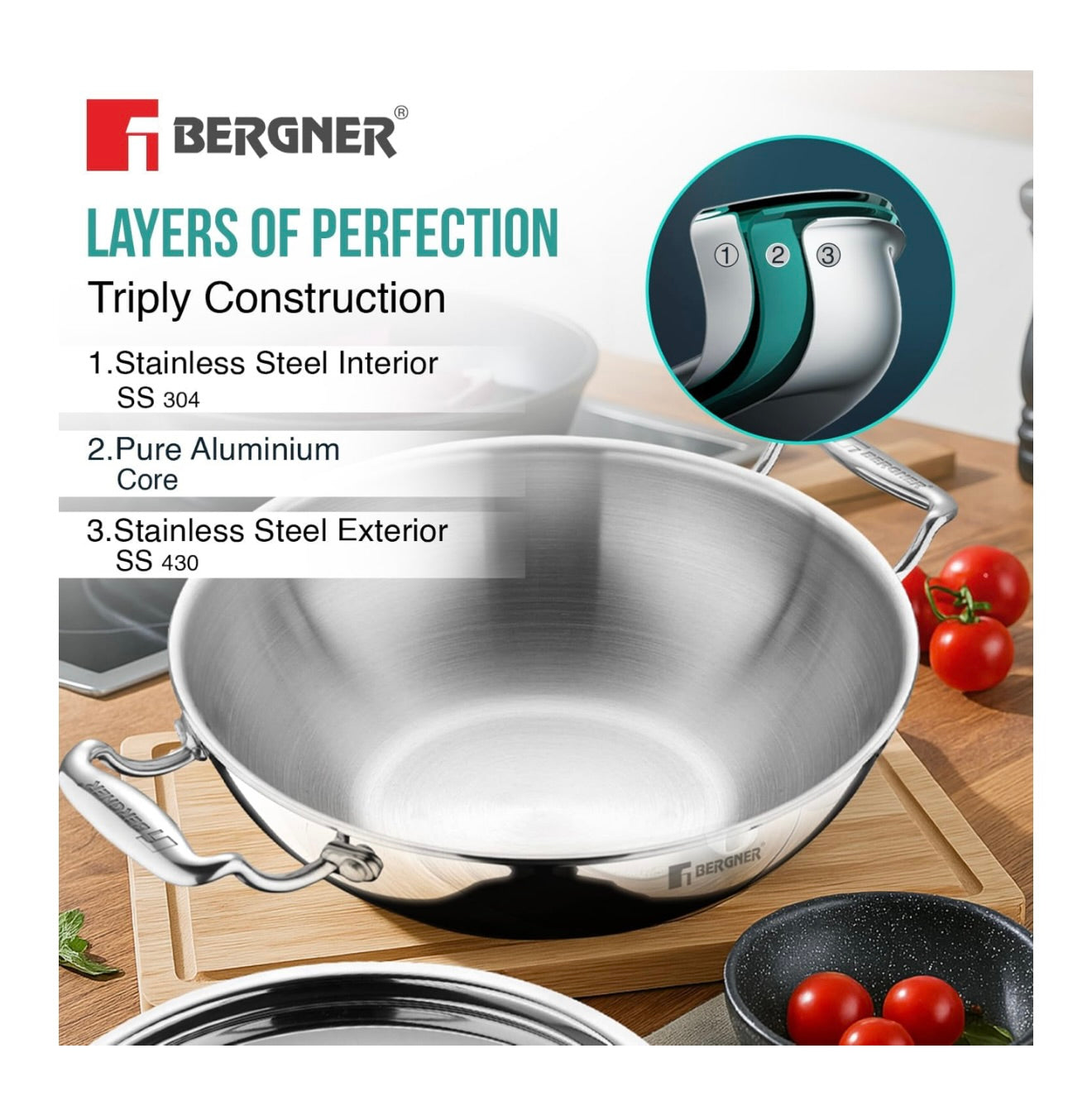 Bergner Argent TriPly Stainless Steel 22cm Kadai with Stainless Steel Lid,2.1 Liters Kadhai with Lid, Even Heating, Less Oil Use, Healthy Cooking, Stay Cool Cast Handles - Induction and Gas Stove Ready
