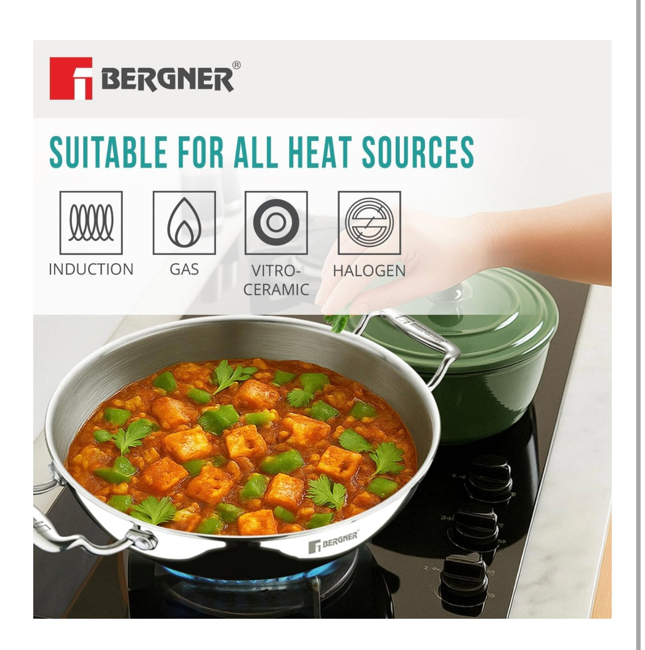 Bergner Argent TriPly Stainless Steel 22cm Kadai with Stainless Steel Lid,2.1 Liters Kadhai with Lid, Even Heating, Less Oil Use, Healthy Cooking, Stay Cool Cast Handles - Induction and Gas Stove Ready