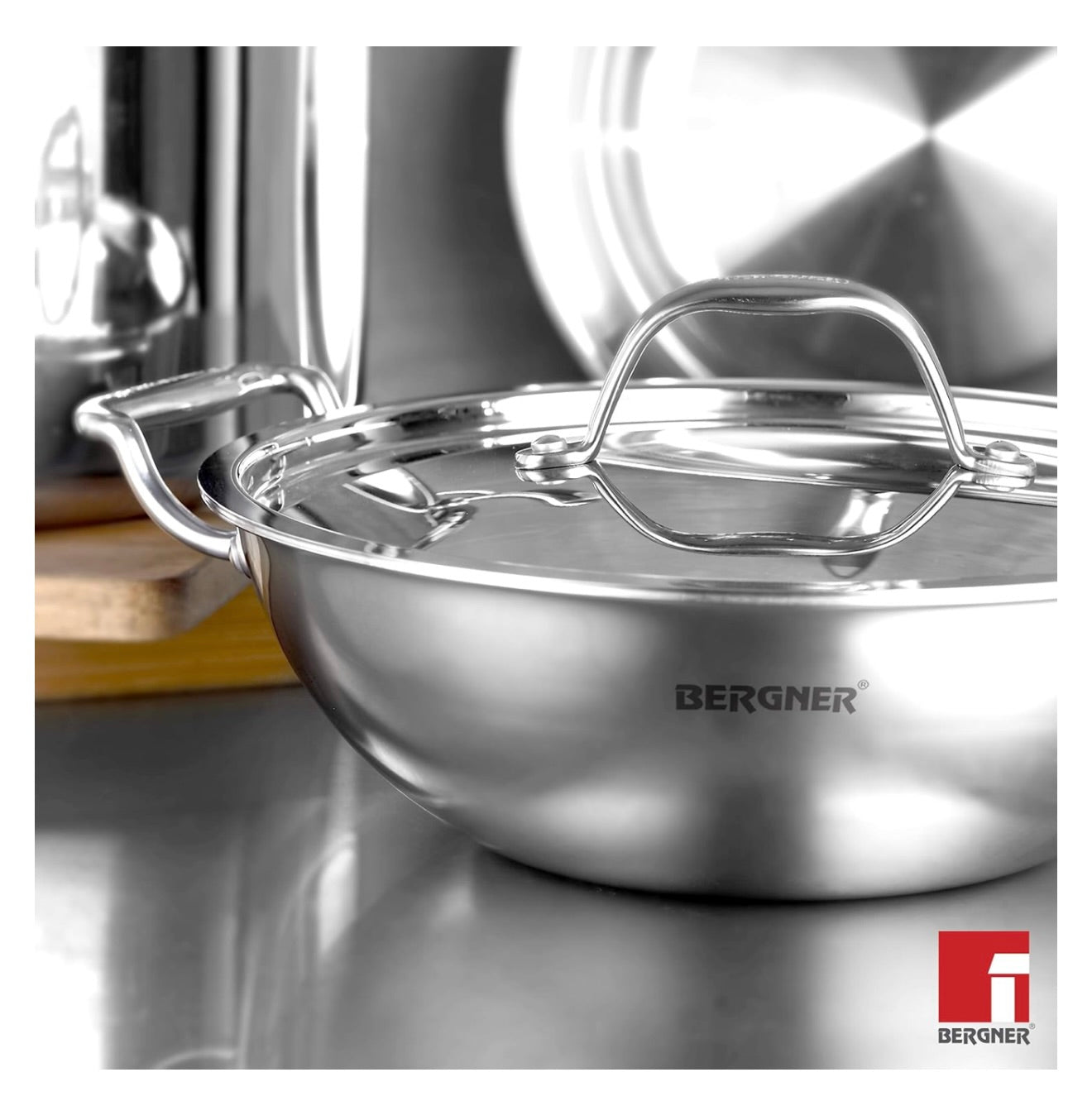 BERGNER Argent TriPly Stainless Steel 24 cm Kadai with Stainless Steel Lid, 2.8 Liters Kadhai, Less Oil Use, Healthy Cooking, Food Safe, Stay Cool Cast Handles - Induction and Gas Stove Ready
