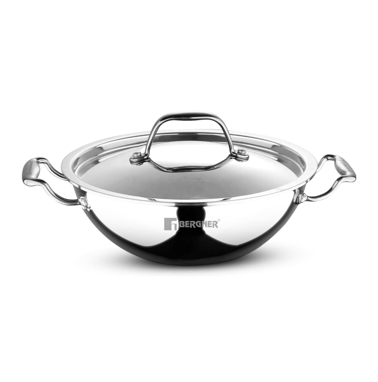 BERGNER Argent TriPly Stainless Steel 24 cm Kadai with Stainless Steel Lid, 2.8 Liters Kadhai, Less Oil Use, Healthy Cooking, Food Safe, Stay Cool Cast Handles - Induction and Gas Stove Ready
