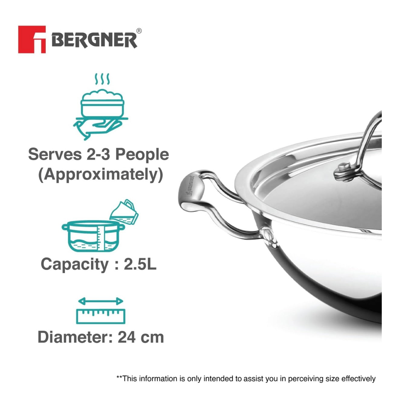 BERGNER Argent TriPly Stainless Steel 24 cm Kadai with Stainless Steel Lid, 2.8 Liters Kadhai, Less Oil Use, Healthy Cooking, Food Safe, Stay Cool Cast Handles - Induction and Gas Stove Ready