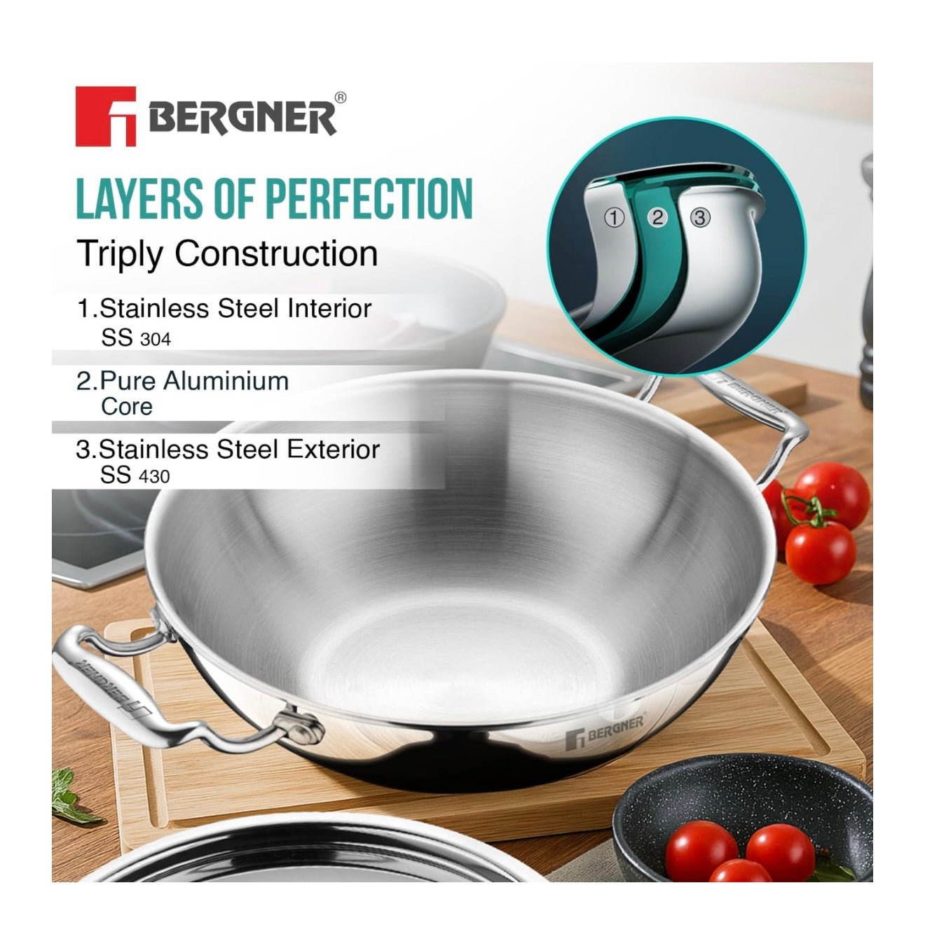 BERGNER Argent TriPly Stainless Steel 24 cm Kadai with Stainless Steel Lid, 2.8 Liters Kadhai, Less Oil Use, Healthy Cooking, Food Safe, Stay Cool Cast Handles - Induction and Gas Stove Ready