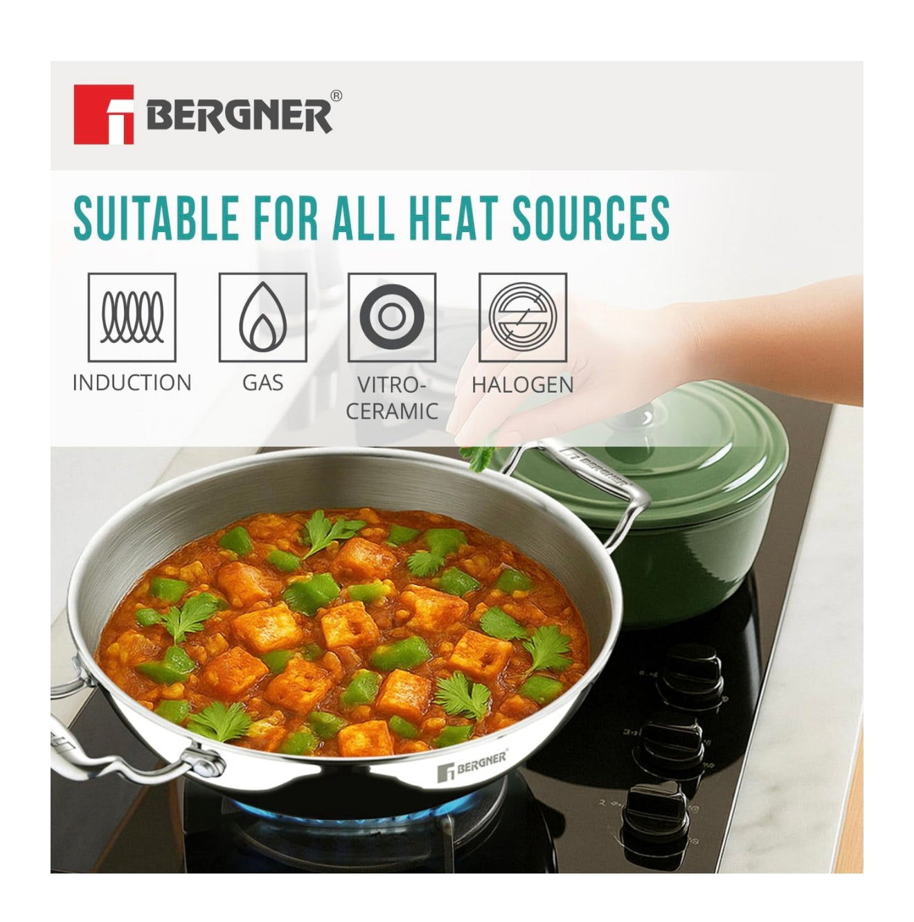BERGNER Argent TriPly Stainless Steel 24 cm Kadai with Stainless Steel Lid, 2.8 Liters Kadhai, Less Oil Use, Healthy Cooking, Food Safe, Stay Cool Cast Handles - Induction and Gas Stove Ready