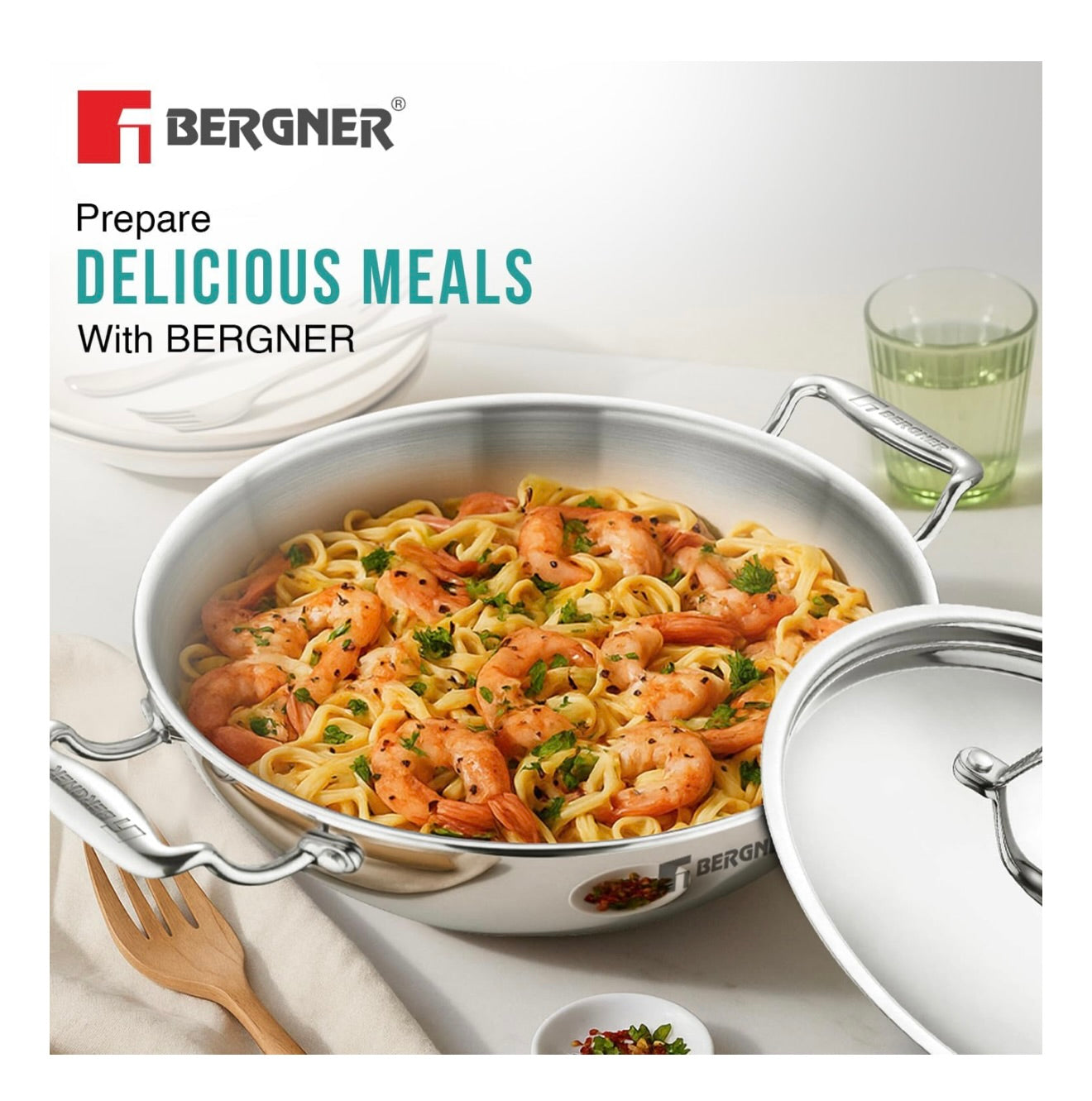 BERGNER Argent TriPly Stainless Steel 24 cm Kadai with Stainless Steel Lid, 2.8 Liters Kadhai, Less Oil Use, Healthy Cooking, Food Safe, Stay Cool Cast Handles - Induction and Gas Stove Ready