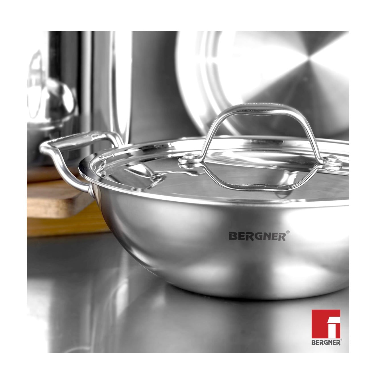 BERGNER Argent TriPly Stainless Steel 26cm (3.5L) Kadai/Kadhai with Stainless Steel Lid, Fast and Even Heating, Less Oil Use, Healthy Cooking, Stay Cool Cast Handles - Induction and Gas Stove Ready L