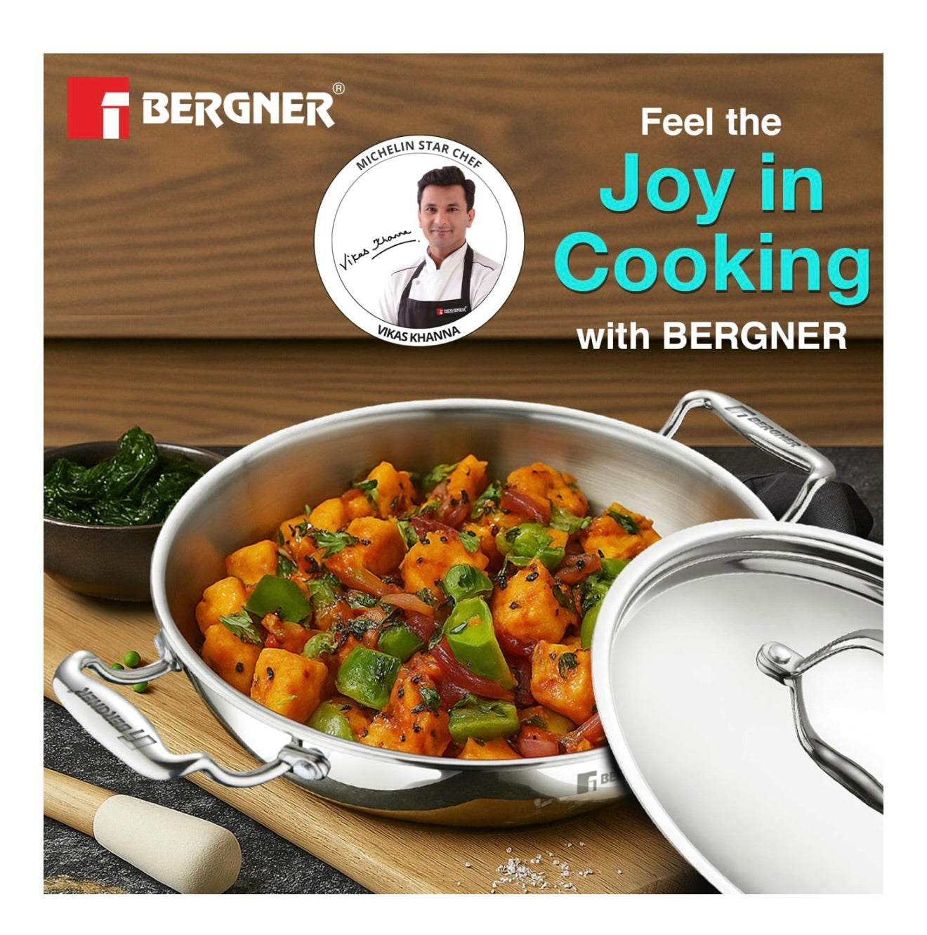 BERGNER Argent TriPly Stainless Steel 26cm (3.5L) Kadai/Kadhai with Stainless Steel Lid, Fast and Even Heating, Less Oil Use, Healthy Cooking, Stay Cool Cast Handles - Induction and Gas Stove Ready L