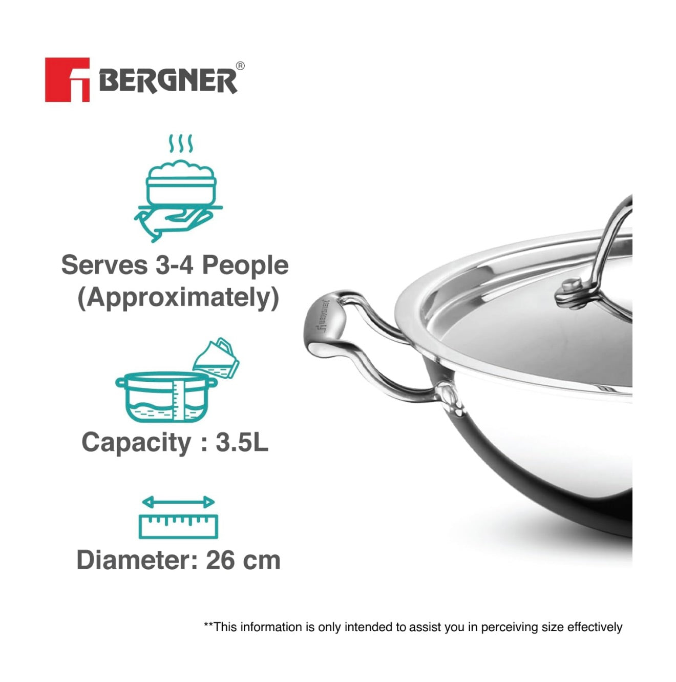 BERGNER Argent TriPly Stainless Steel 26cm (3.5L) Kadai/Kadhai with Stainless Steel Lid, Fast and Even Heating, Less Oil Use, Healthy Cooking, Stay Cool Cast Handles - Induction and Gas Stove Ready L