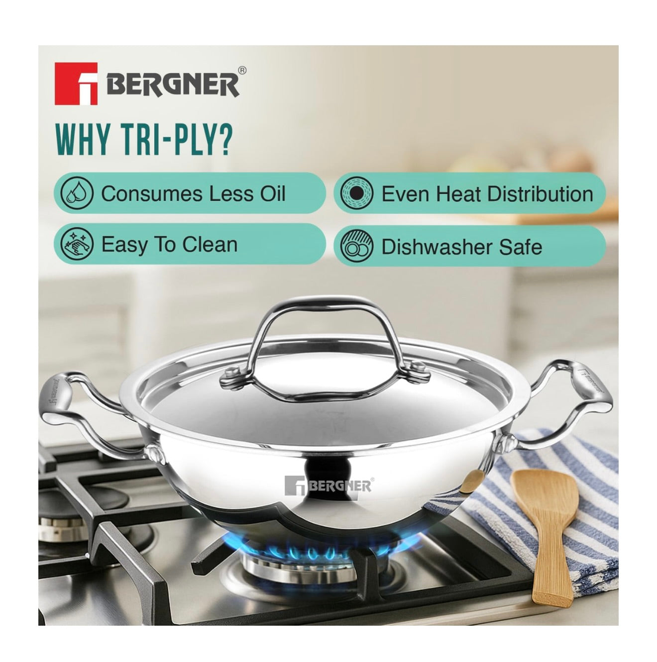 BERGNER Argent TriPly Stainless Steel 26cm (3.5L) Kadai/Kadhai with Stainless Steel Lid, Fast and Even Heating, Less Oil Use, Healthy Cooking, Stay Cool Cast Handles - Induction and Gas Stove Ready L