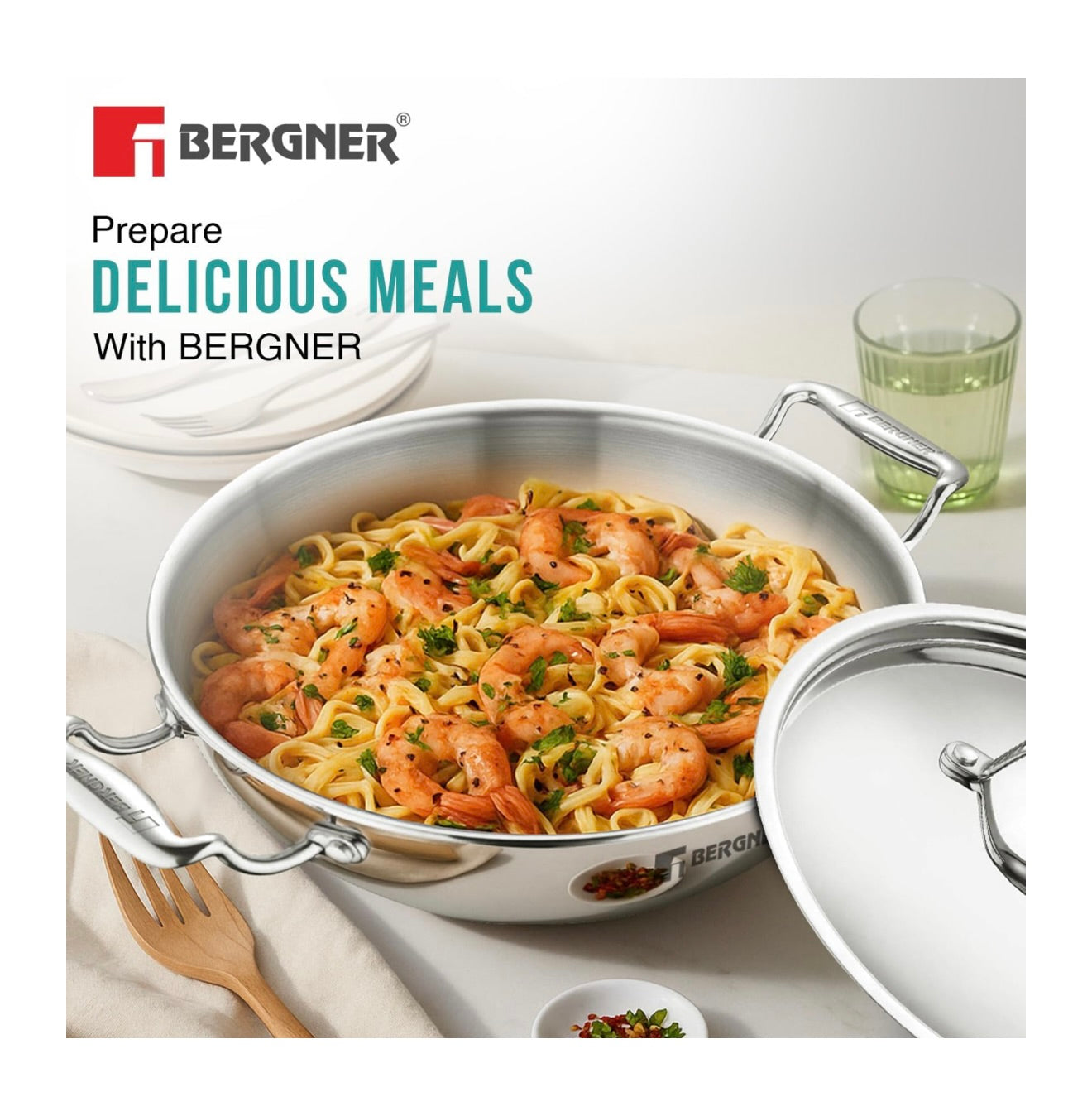 BERGNER Argent TriPly Stainless Steel 26cm (3.5L) Kadai/Kadhai with Stainless Steel Lid, Fast and Even Heating, Less Oil Use, Healthy Cooking, Stay Cool Cast Handles - Induction and Gas Stove Ready L