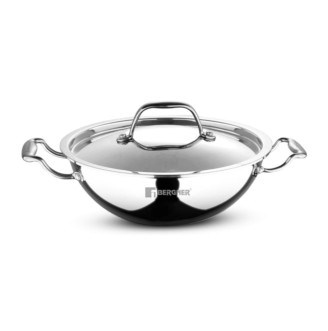 BERGNER Argent TriPly Stainless Steel 28cm Kadai with Stainless Steel Lid, 4.3 Liters Large Kadhai, Less Oil Use, Healthy Cooking, Food Safe, Stay Cool Cast Handles - Induction and Gas Stove Ready