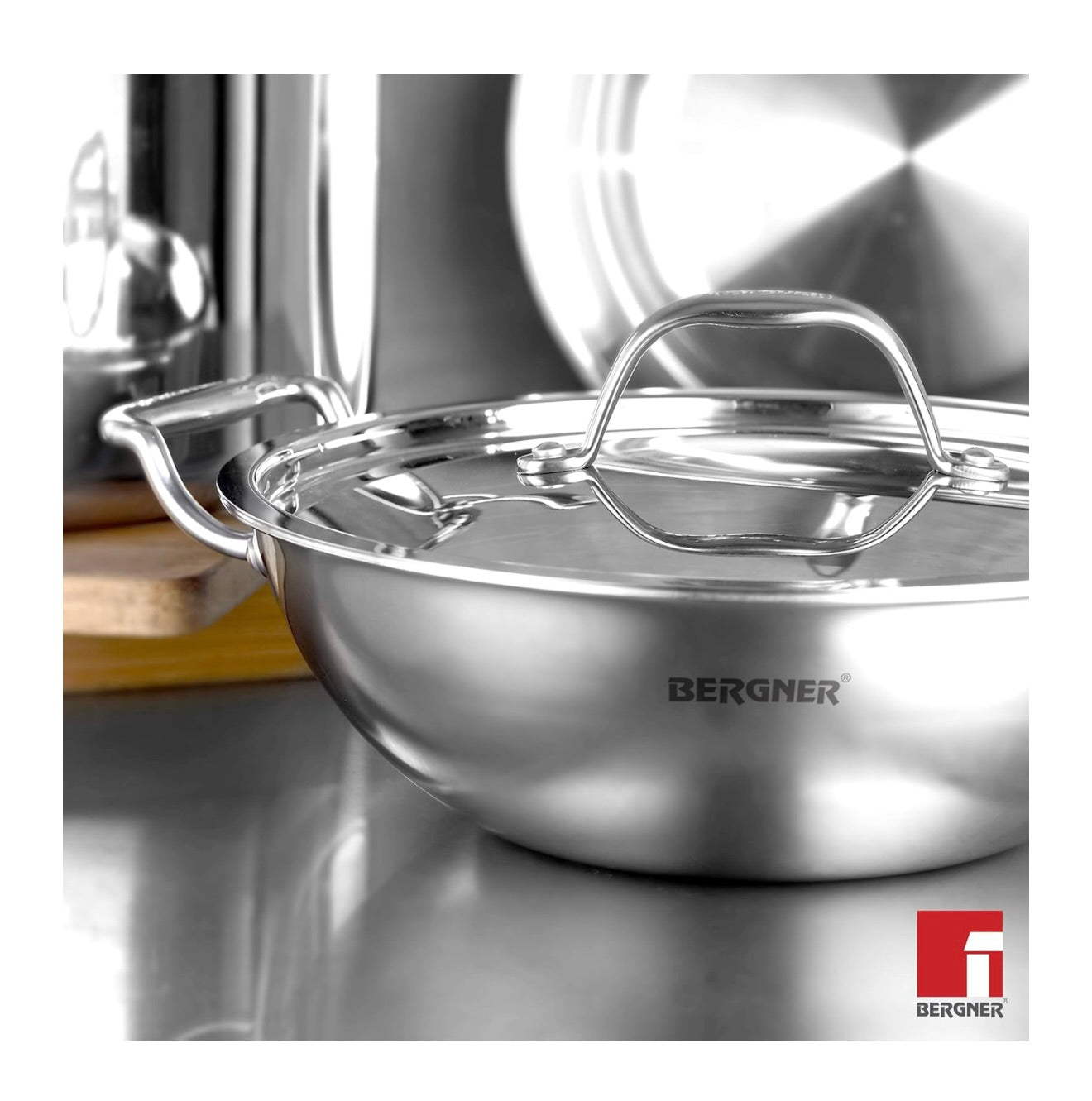 BERGNER Argent TriPly Stainless Steel 28cm Kadai with Stainless Steel Lid, 4.3 Liters Large Kadhai, Less Oil Use, Healthy Cooking, Food Safe, Stay Cool Cast Handles - Induction and Gas Stove Ready
