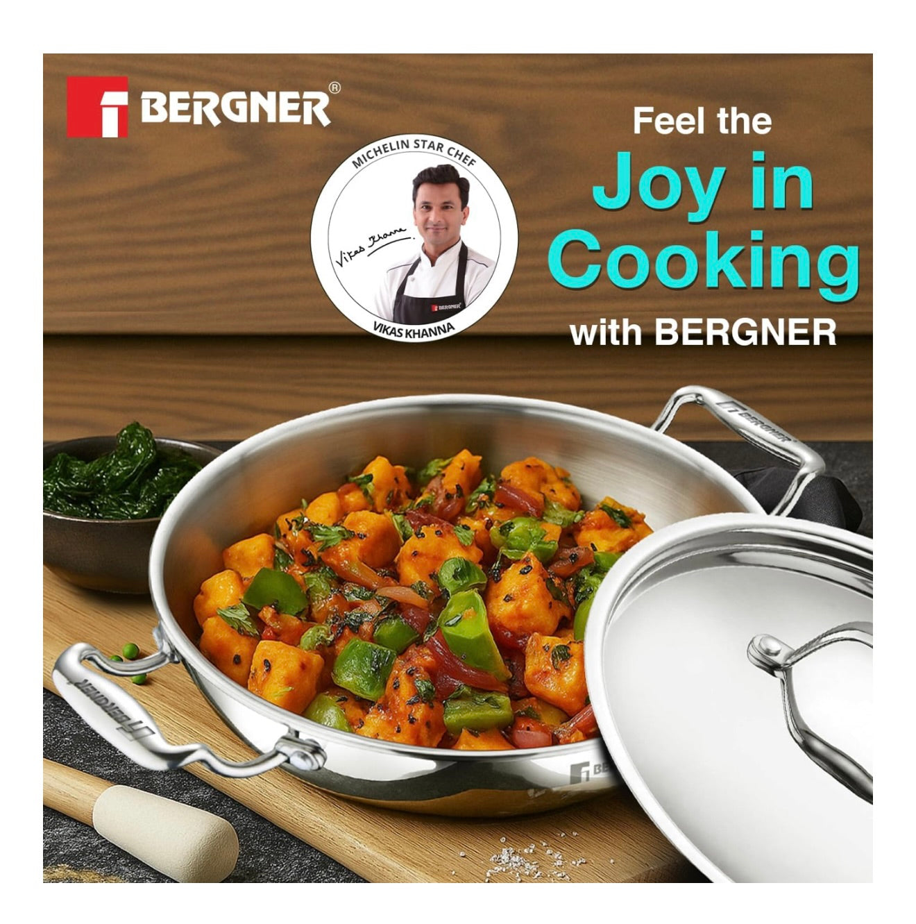 BERGNER Argent TriPly Stainless Steel 28cm Kadai with Stainless Steel Lid, 4.3 Liters Large Kadhai, Less Oil Use, Healthy Cooking, Food Safe, Stay Cool Cast Handles - Induction and Gas Stove Ready