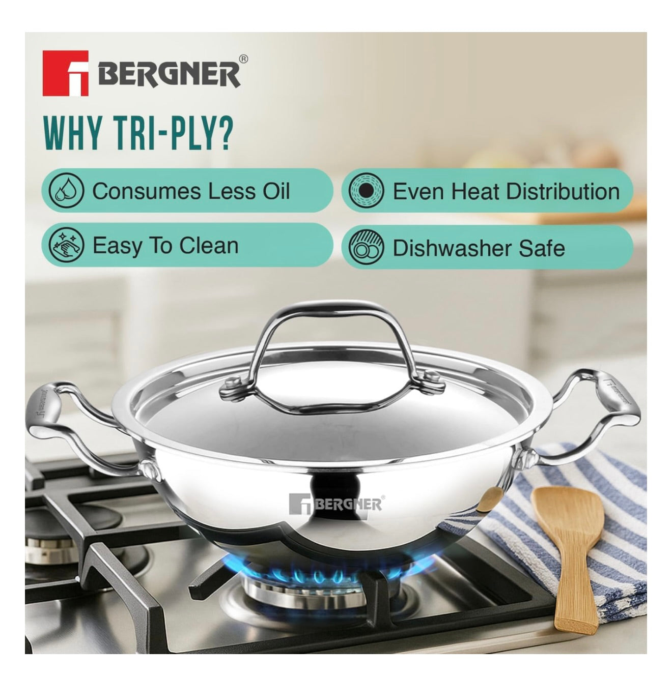 BERGNER Argent TriPly Stainless Steel 28cm Kadai with Stainless Steel Lid, 4.3 Liters Large Kadhai, Less Oil Use, Healthy Cooking, Food Safe, Stay Cool Cast Handles - Induction and Gas Stove Ready