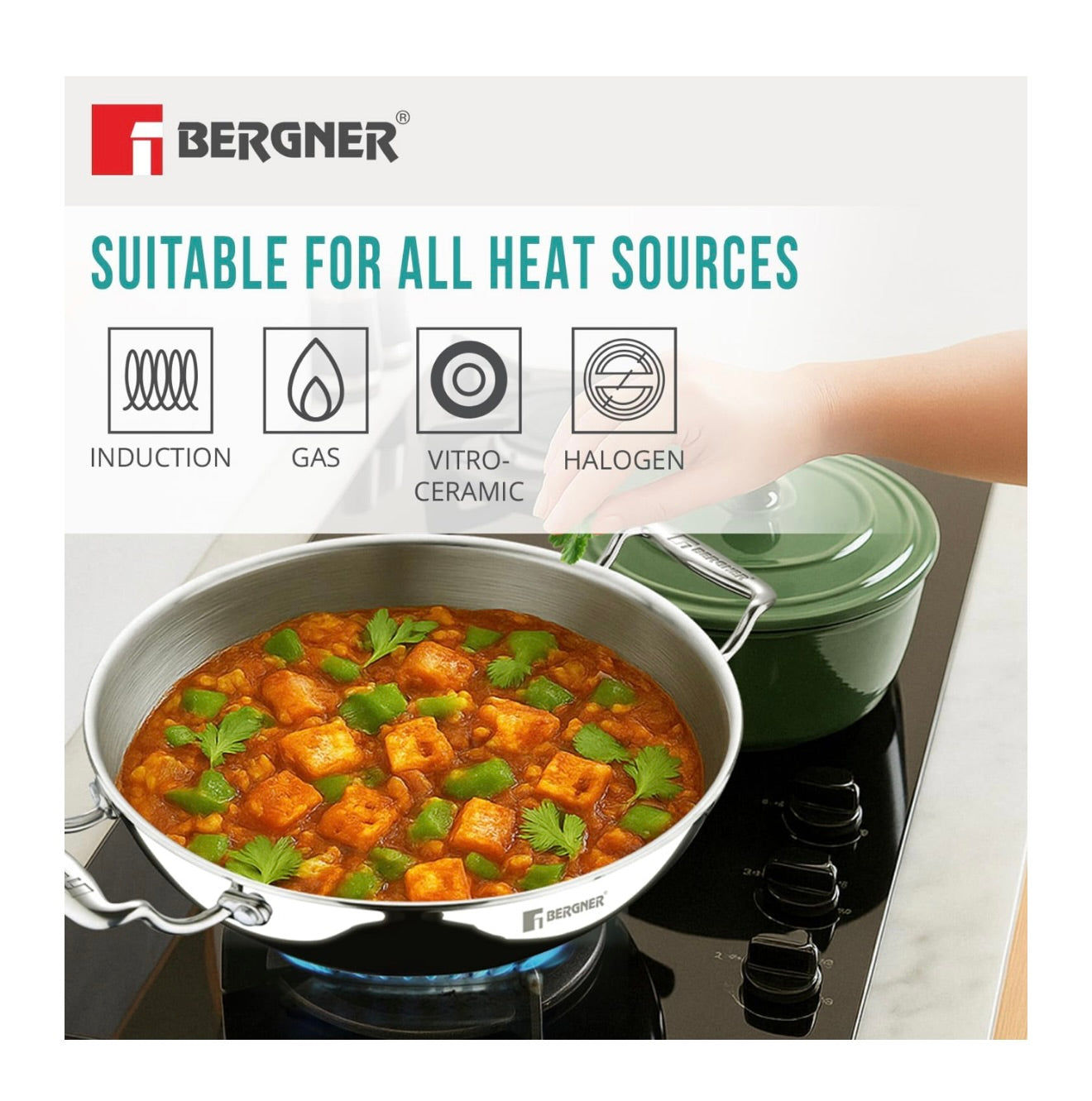 BERGNER Argent TriPly Stainless Steel 28cm Kadai with Stainless Steel Lid, 4.3 Liters Large Kadhai, Less Oil Use, Healthy Cooking, Food Safe, Stay Cool Cast Handles - Induction and Gas Stove Ready