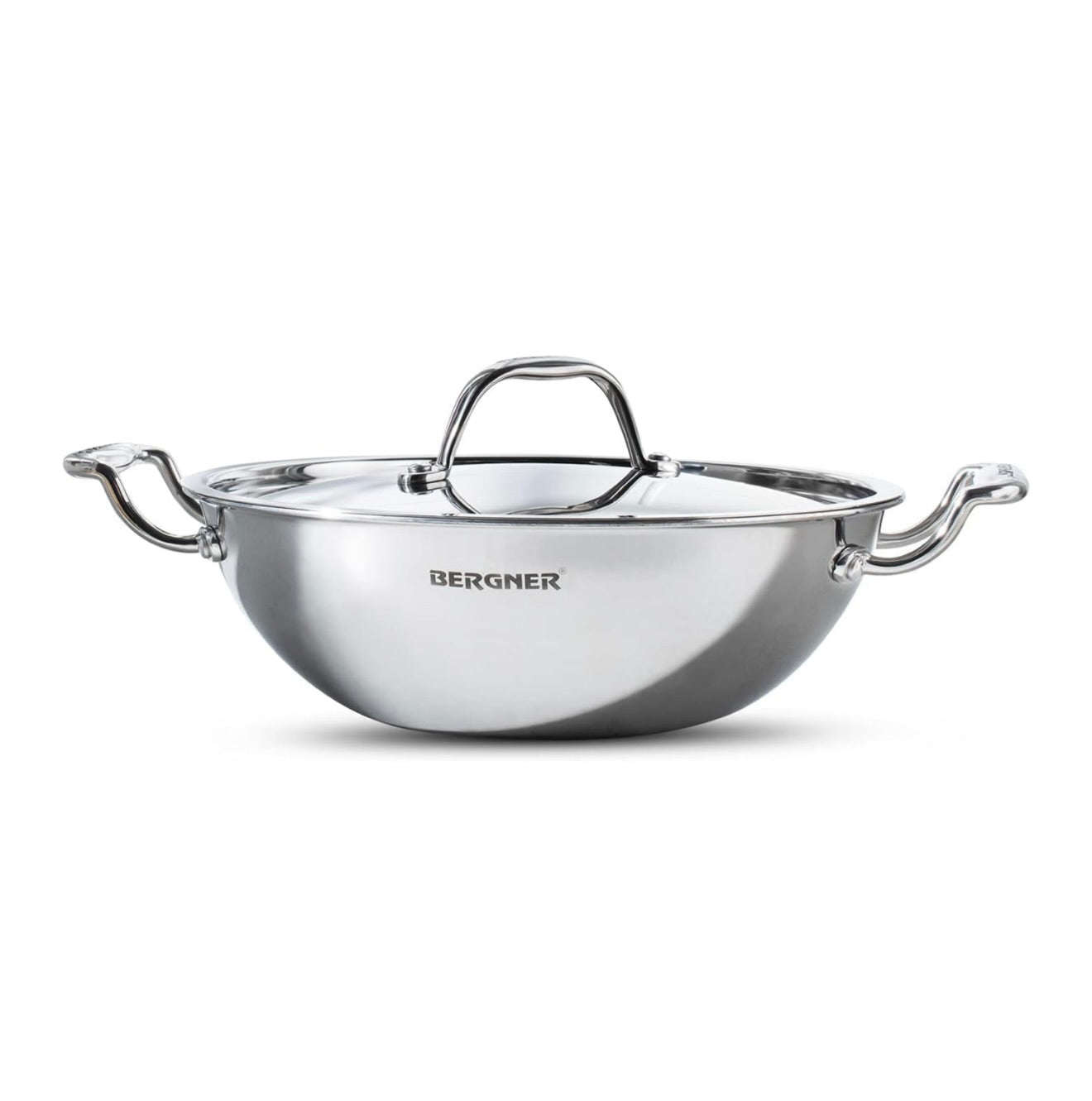 Bergner Argent TriPly 30 cm Kadai, 5.2 L Capacity, Stainless Steel Lid, for Sauté/Deep Fry/Gravy/Stir Fry/Steam, Elegant Cool Touch Handles, Mirror Finish Surface, Induction & Gas Ready