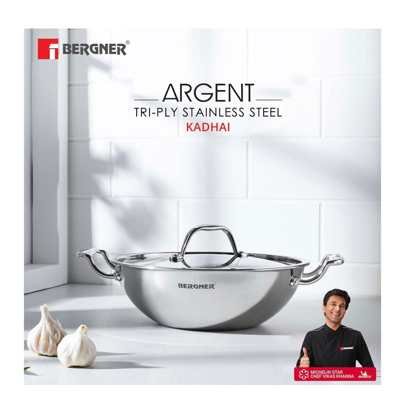 Bergner Argent TriPly 30 cm Kadai, 5.2 L Capacity, Stainless Steel Lid, for Sauté/Deep Fry/Gravy/Stir Fry/Steam, Elegant Cool Touch Handles, Mirror Finish Surface, Induction & Gas Ready