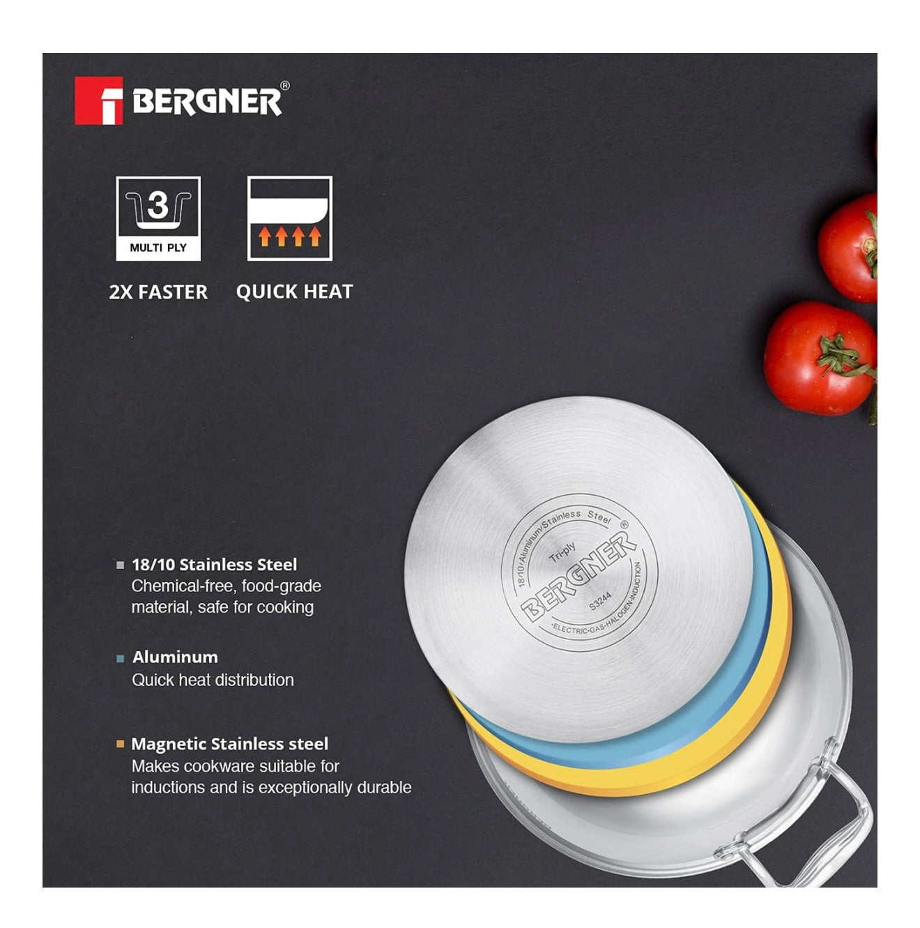 Bergner Argent TriPly 30 cm Kadai, 5.2 L Capacity, Stainless Steel Lid, for Sauté/Deep Fry/Gravy/Stir Fry/Steam, Elegant Cool Touch Handles, Mirror Finish Surface, Induction & Gas Ready