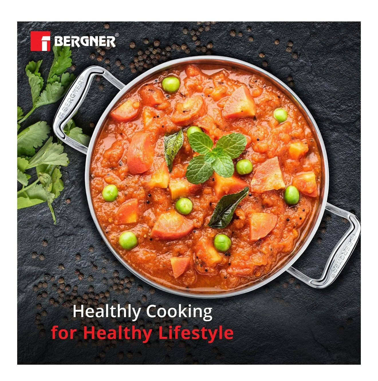 Bergner Argent TriPly Stainless Steel 32 cm Kadai with Stainless Steel Lid, 5.8 L Kadhai/Karai with Lid, Food Safe, Stay Cool Cast Handles, Dishwasher Safe, Induction and Gas Ready, 5-Year Warranty