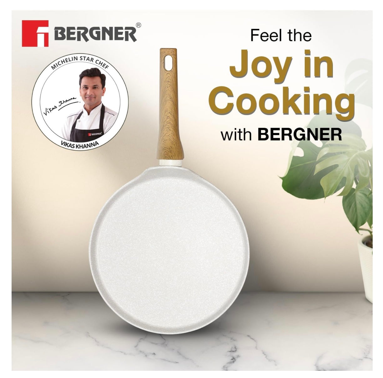 BERGNER Naturally Forged Aluminum 28cm Pancake Pan/Dosa Tawa with Marble Non-Stick Coating, Scratch Resistant and Durable, Soft Touch Handle, Easy to Clean - Induction Bottom, Free Non-Woven Trivet