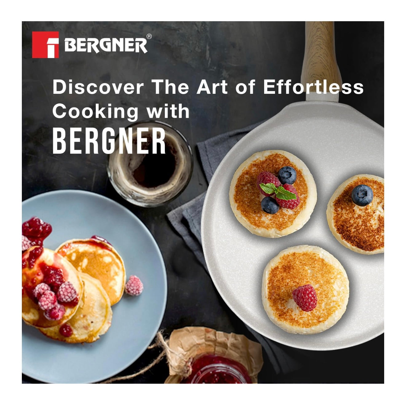 BERGNER Naturally Forged Aluminum 28cm Pancake Pan/Dosa Tawa with Marble Non-Stick Coating, Scratch Resistant and Durable, Soft Touch Handle, Easy to Clean - Induction Bottom, Free Non-Woven Trivet