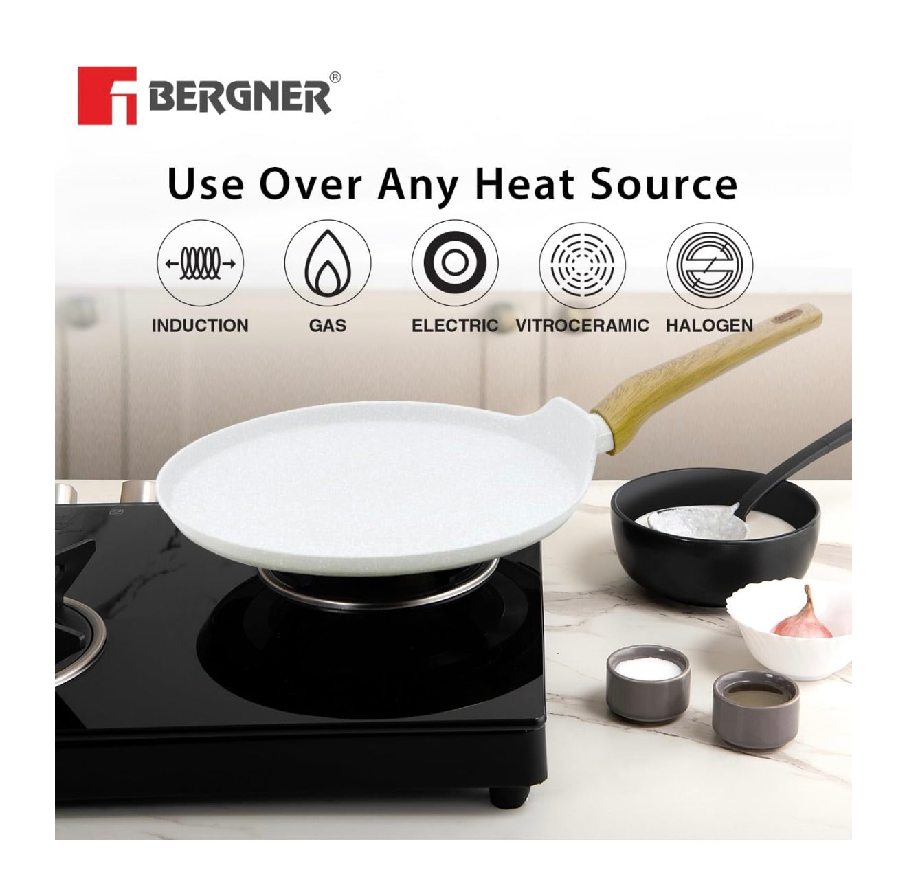 BERGNER Naturally Forged Aluminum 28cm Pancake Pan/Dosa Tawa with Marble Non-Stick Coating, Scratch Resistant and Durable, Soft Touch Handle, Easy to Clean - Induction Bottom, Free Non-Woven Trivet
