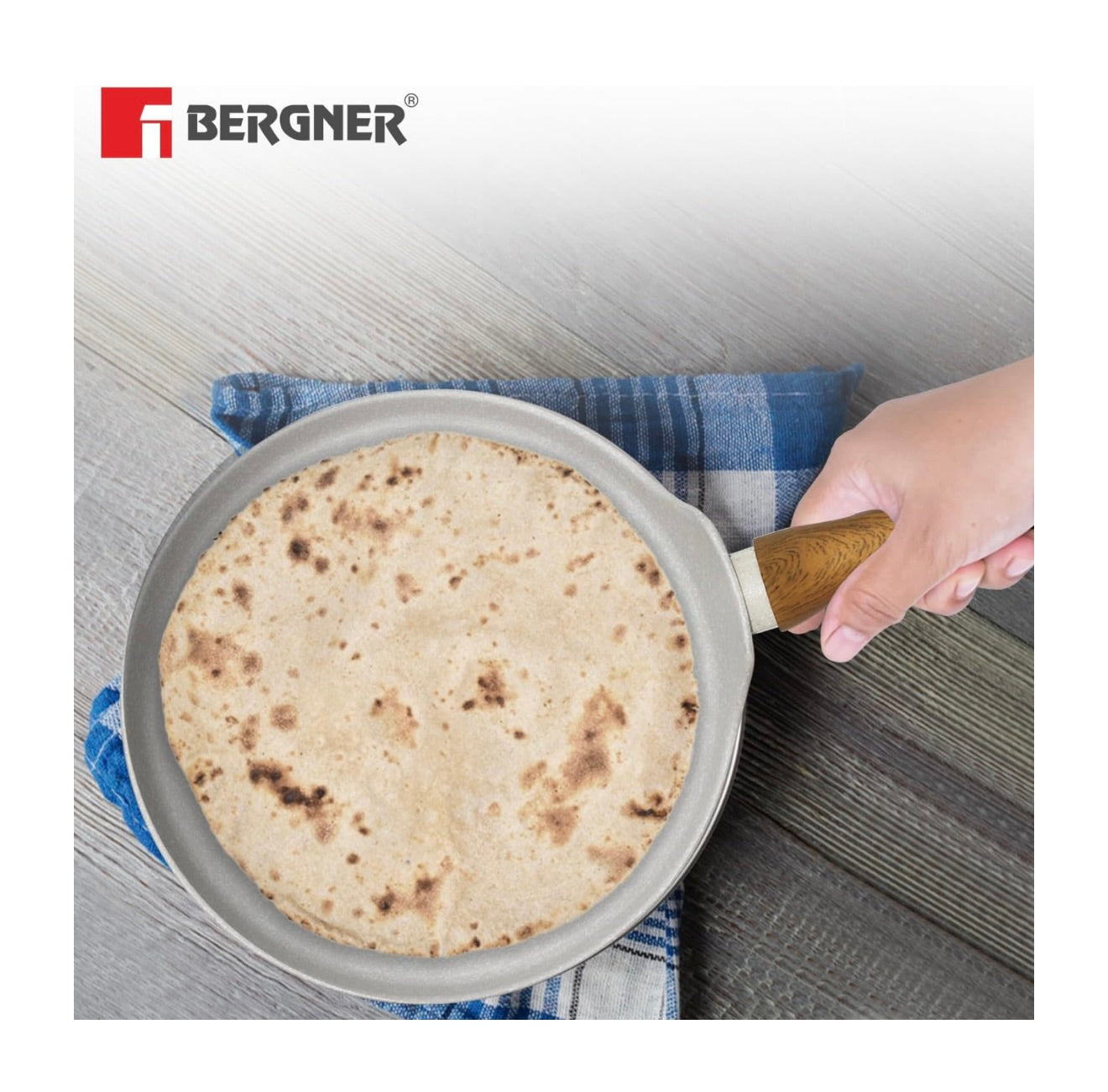 BERGNER Naturally Forged Aluminum 28cm Pancake Pan/Dosa Tawa with Marble Non-Stick Coating, Scratch Resistant and Durable, Soft Touch Handle, Easy to Clean - Induction Bottom, Free Non-Woven Trivet