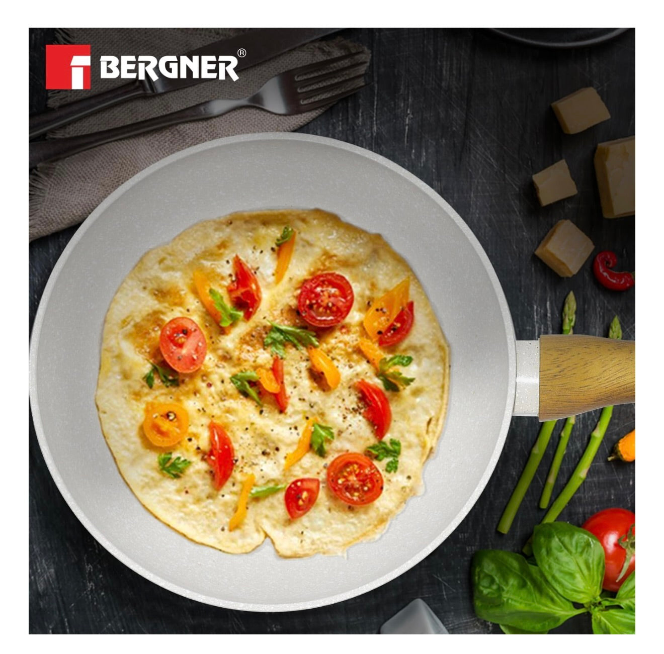 Bergner Naturally Forged Aluminum 20cm Frypan, Marble Non-Stick Coating, Less Oil Use, Scratch Resistant Frying Pan, Durable, Soft Touch Handle, Easy to Clean - Induction Bottom, Free Non-Woven Trivet
