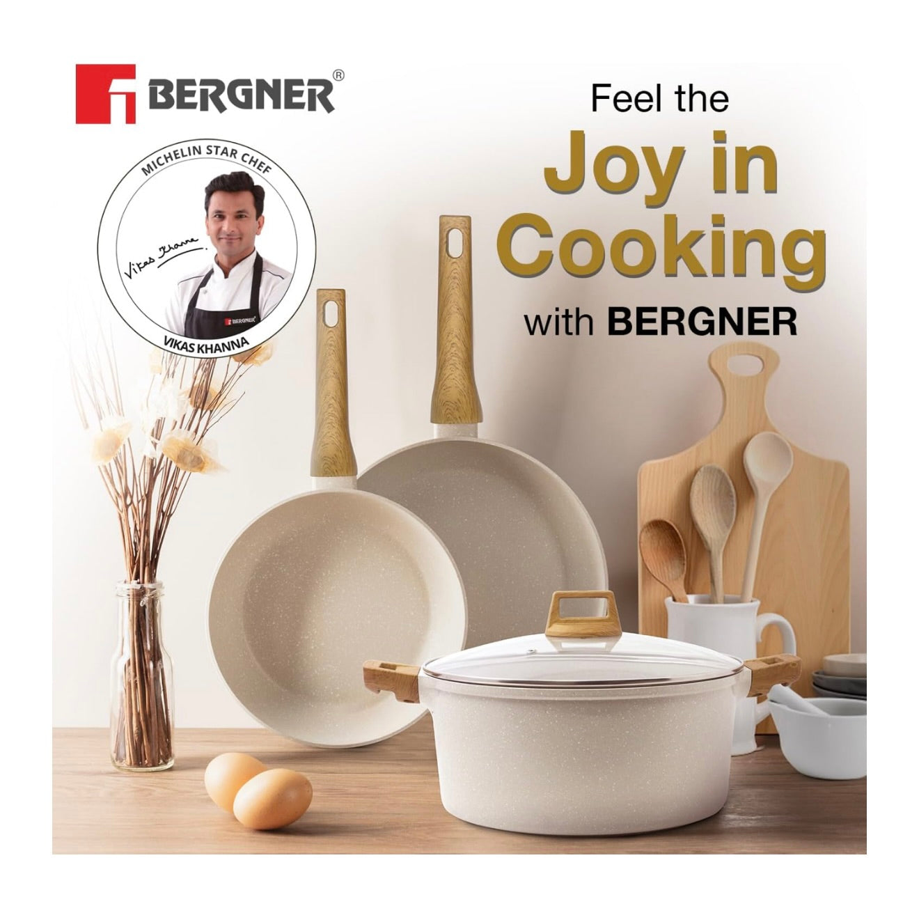 BERGNER Naturally Cast Aluminum 26cm Grill Pan, Marble Non-Stick Coating, Less Oil Use, Scratch Resistant and Durable, Soft Touch Handle, Easy to Clean - Induction Bottom, Free Non-Woven Trivet