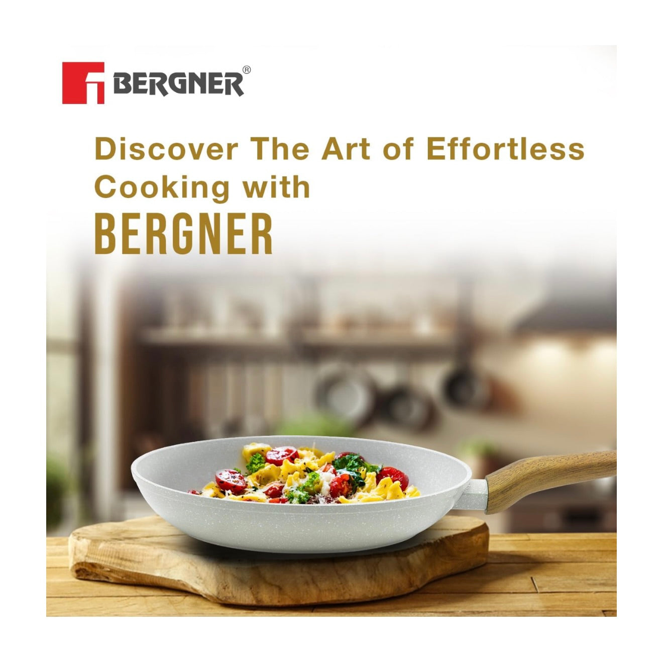 Bergner Naturally Forged Aluminum 20cm Frypan, Marble Non-Stick Coating, Less Oil Use, Scratch Resistant Frying Pan, Durable, Soft Touch Handle, Easy to Clean - Induction Bottom, Free Non-Woven Trivet