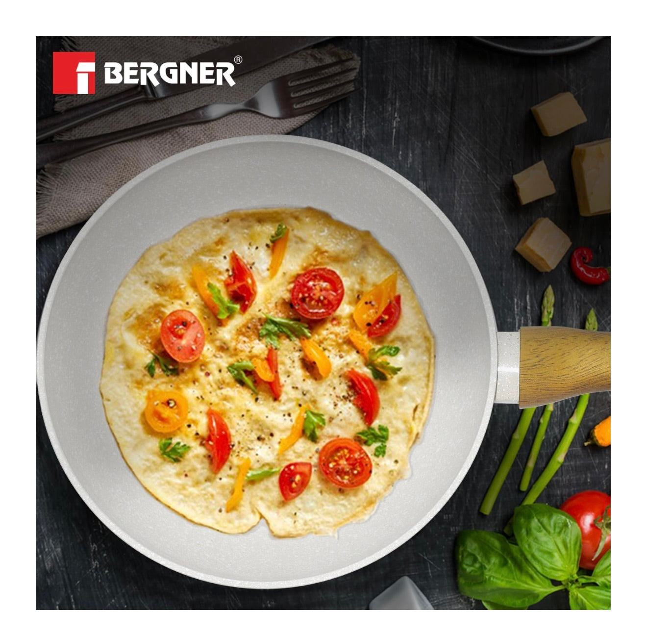 Bergner Naturally Forged Aluminum 24cm Frypan, Marble Non-Stick Coating, Less Oil Use, Scratch Resistant Frying Pan, Durable, Soft Touch Handle, Easy to Clean - Induction Bottom, Free Non-Woven Trivet