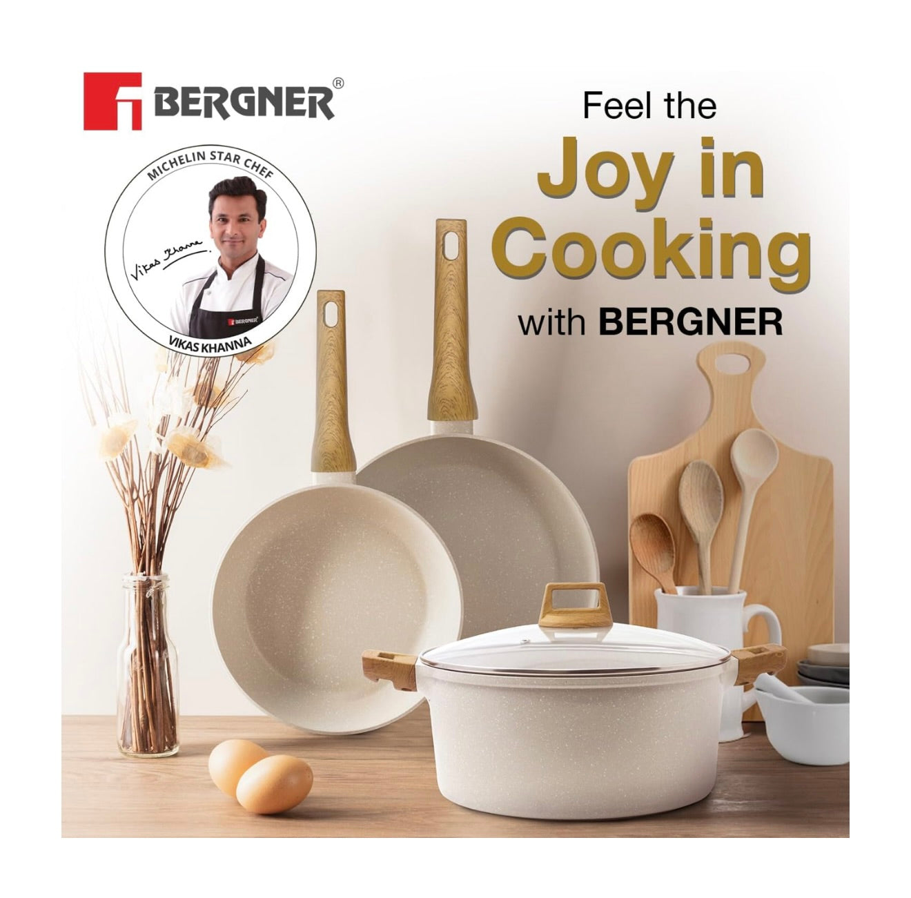 Bergner Naturally Forged Aluminum 24cm Frypan, Marble Non-Stick Coating, Less Oil Use, Scratch Resistant Frying Pan, Durable, Soft Touch Handle, Easy to Clean - Induction Bottom, Free Non-Woven Trivet
