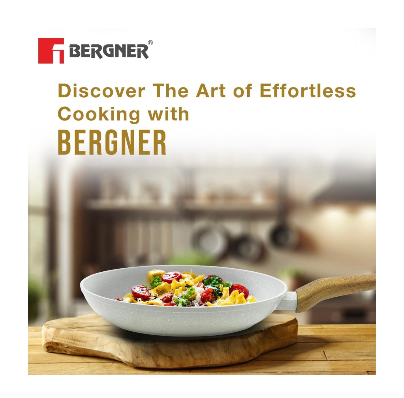 Bergner Naturally Forged Aluminum 24cm Frypan, Marble Non-Stick Coating, Less Oil Use, Scratch Resistant Frying Pan, Durable, Soft Touch Handle, Easy to Clean - Induction Bottom, Free Non-Woven Trivet