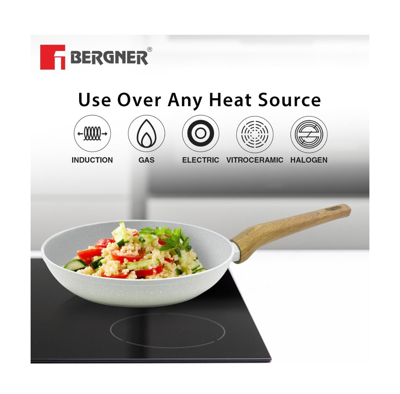 Bergner Naturally Forged Aluminum 24cm Frypan, Marble Non-Stick Coating, Less Oil Use, Scratch Resistant Frying Pan, Durable, Soft Touch Handle, Easy to Clean - Induction Bottom, Free Non-Woven Trivet
