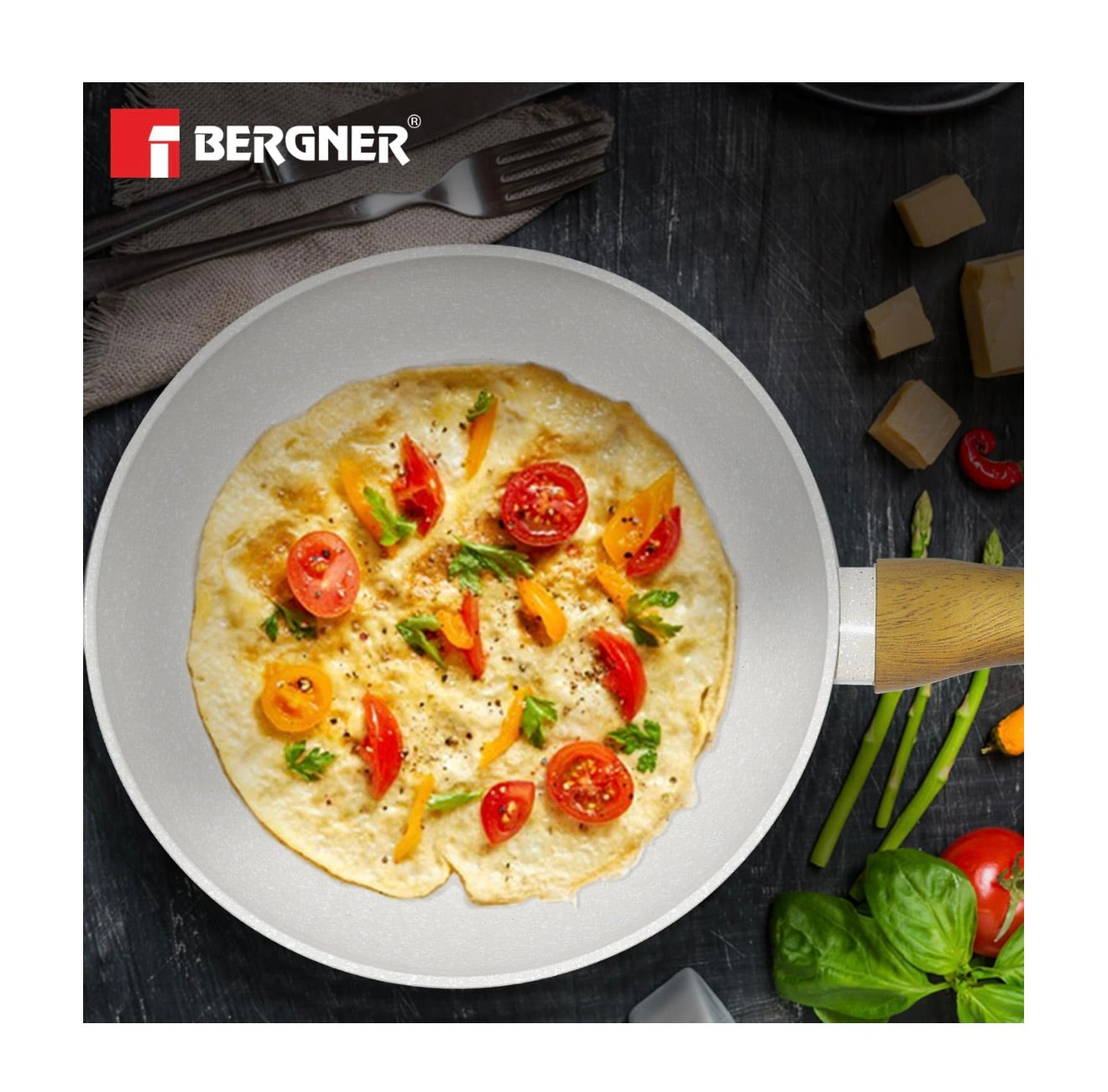 Bergner Naturally Forged Aluminum 28cm Frypan, Marble Non-Stick Coating, Less Oil Use, Scratch Resistant Frying Pan, Durable, Soft Touch Handle, Easy to Clean - Induction Bottom, Free Non-Woven Trivet