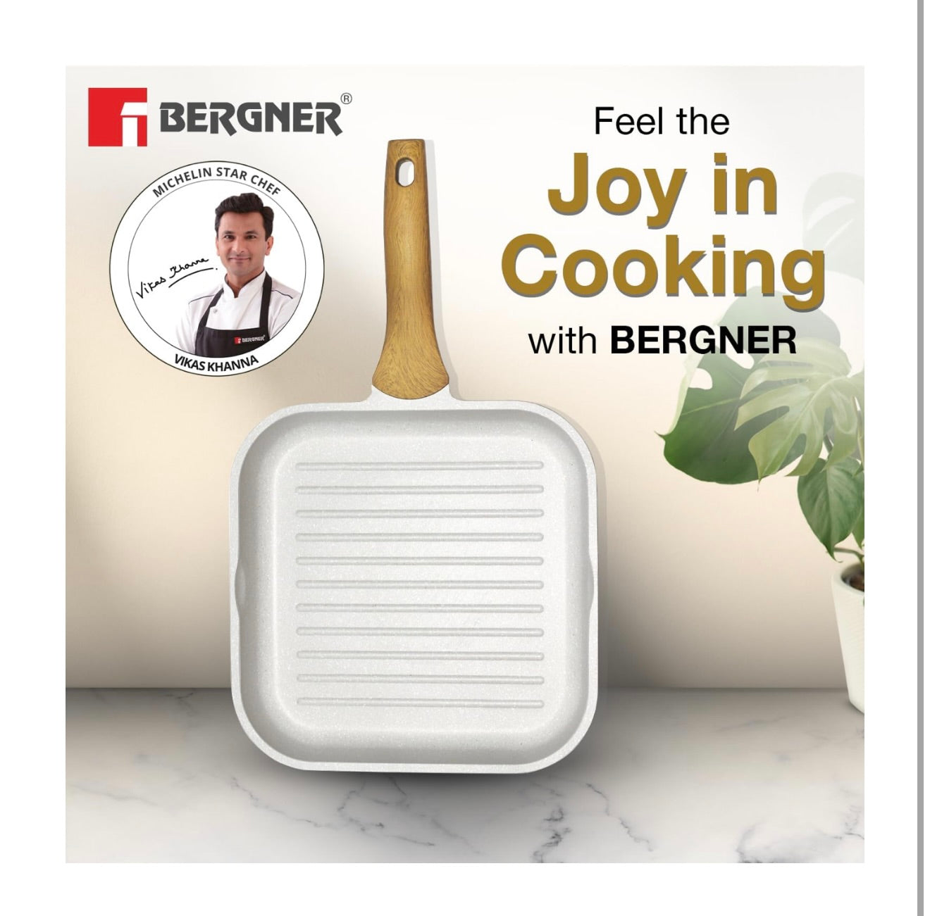 BERGNER Naturally Cast Aluminum 26cm Grill Pan, Marble Non-Stick Coating, Less Oil Use, Scratch Resistant and Durable, Soft Touch Handle, Easy to Clean - Induction Bottom, Free Non-Woven Trivet