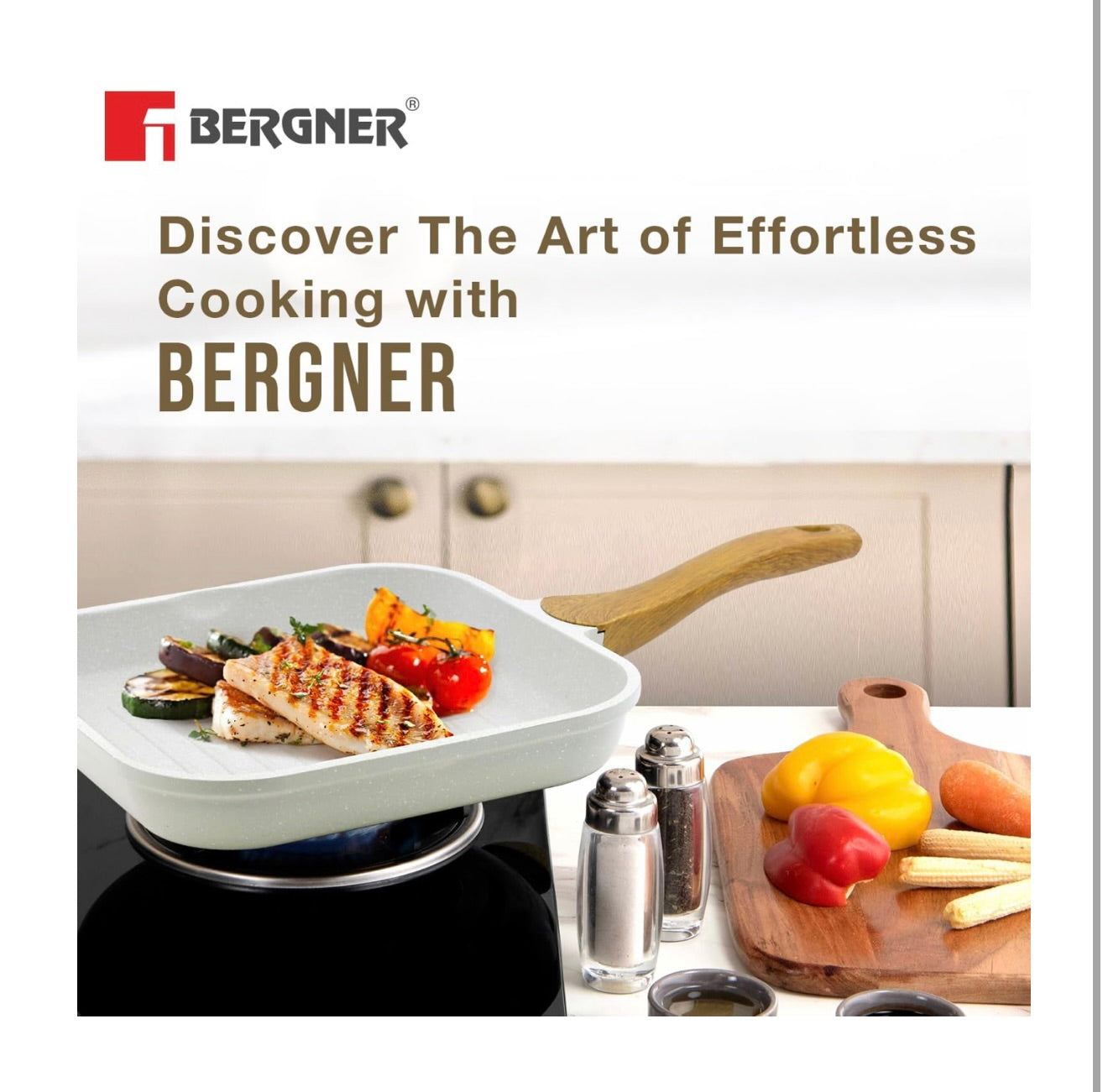 BERGNER Naturally Cast Aluminum 26cm Grill Pan, Marble Non-Stick Coating, Less Oil Use, Scratch Resistant and Durable, Soft Touch Handle, Easy to Clean - Induction Bottom, Free Non-Woven Trivet