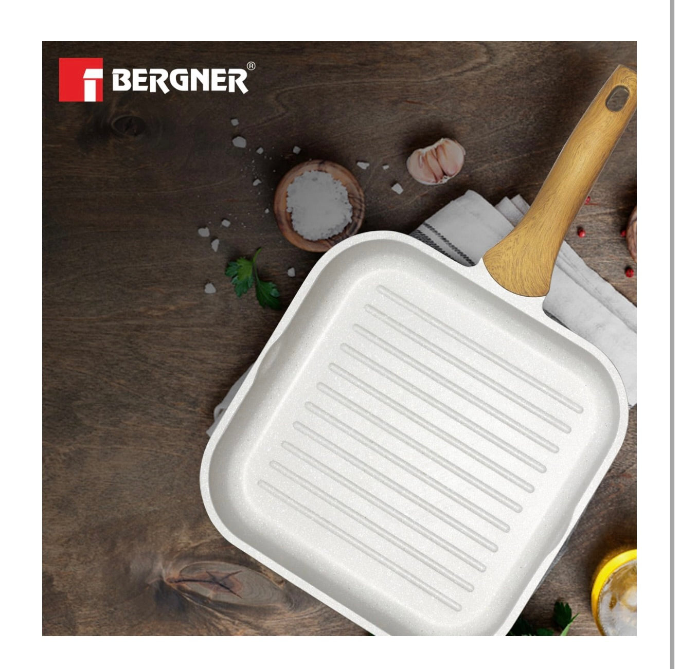 BERGNER Naturally Cast Aluminum 26cm Grill Pan, Marble Non-Stick Coating, Less Oil Use, Scratch Resistant and Durable, Soft Touch Handle, Easy to Clean - Induction Bottom, Free Non-Woven Trivet