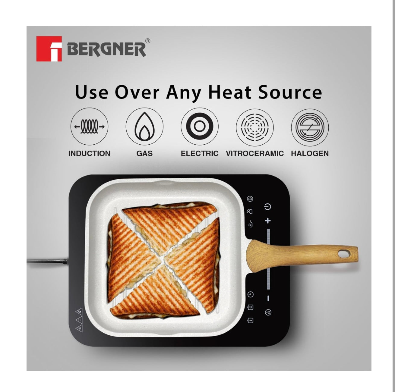 BERGNER Naturally Cast Aluminum 26cm Grill Pan, Marble Non-Stick Coating, Less Oil Use, Scratch Resistant and Durable, Soft Touch Handle, Easy to Clean - Induction Bottom, Free Non-Woven Trivet