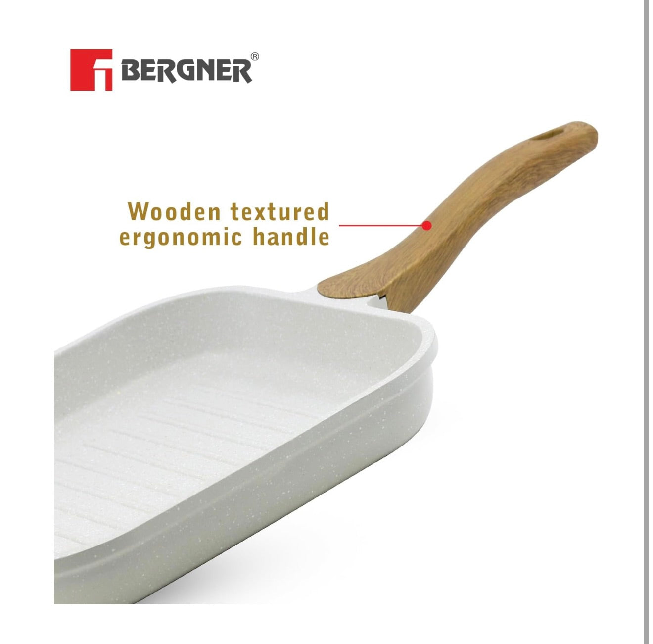 BERGNER Naturally Cast Aluminum 26cm Grill Pan, Marble Non-Stick Coating, Less Oil Use, Scratch Resistant and Durable, Soft Touch Handle, Easy to Clean - Induction Bottom, Free Non-Woven Trivet
