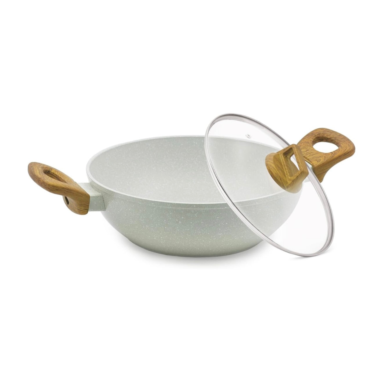 BERGNER Naturally Cast Aluminum 24cm (2 L) Kadai with Glass Lid, Marble Non-Stick Coated Kadhai, Less Oil Use, Soft Touch Stylish Handles - Induction Bottom, Free Non-Woven Trivet