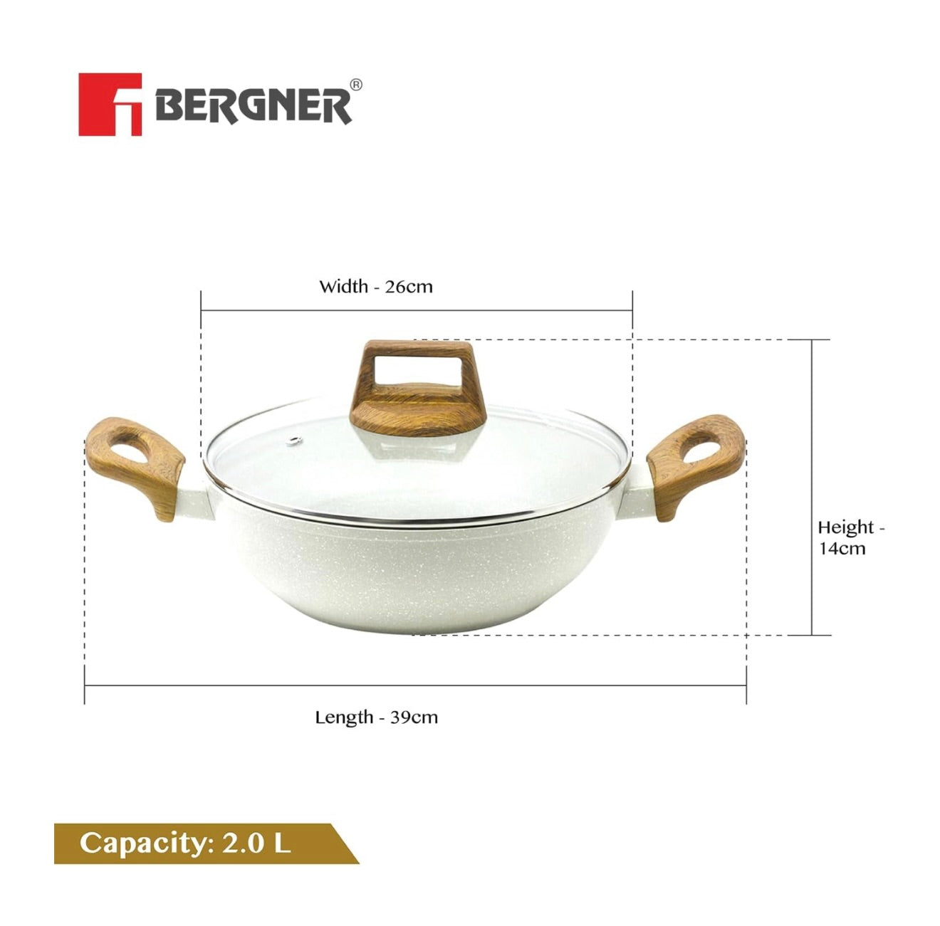 BERGNER Naturally Cast Aluminum 24cm (2 L) Kadai with Glass Lid, Marble Non-Stick Coated Kadhai, Less Oil Use, Soft Touch Stylish Handles - Induction Bottom, Free Non-Woven Trivet