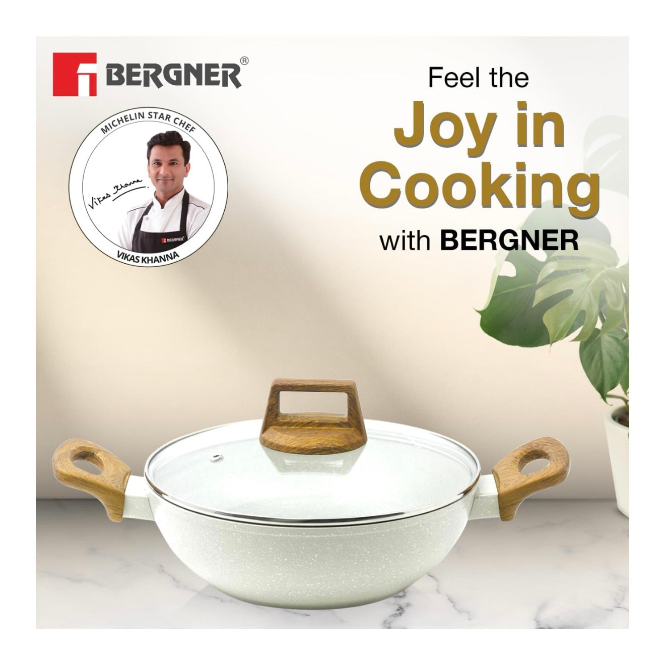 BERGNER Naturally Cast Aluminum 24cm (2 L) Kadai with Glass Lid, Marble Non-Stick Coated Kadhai, Less Oil Use, Soft Touch Stylish Handles - Induction Bottom, Free Non-Woven Trivet