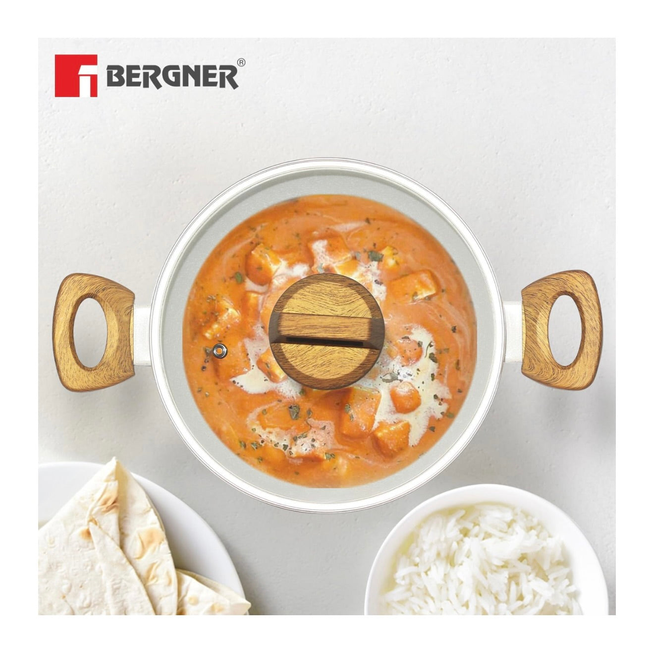 BERGNER Naturally Cast Aluminum 24cm (2 L) Kadai with Glass Lid, Marble Non-Stick Coated Kadhai, Less Oil Use, Soft Touch Stylish Handles - Induction Bottom, Free Non-Woven Trivet