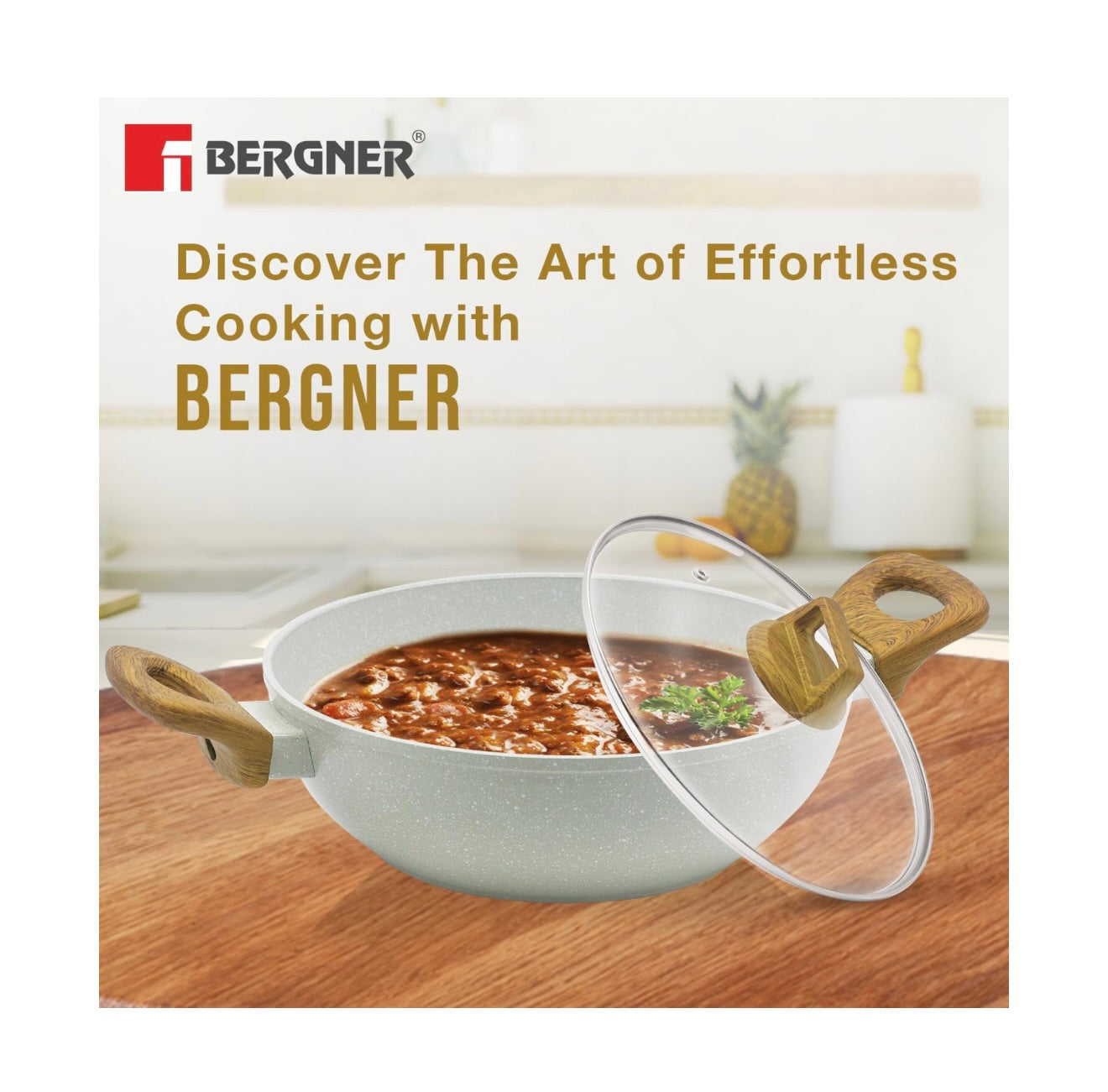 BERGNER Naturally Cast Aluminum 24cm (2 L) Kadai with Glass Lid, Marble Non-Stick Coated Kadhai, Less Oil Use, Soft Touch Stylish Handles - Induction Bottom, Free Non-Woven Trivet
